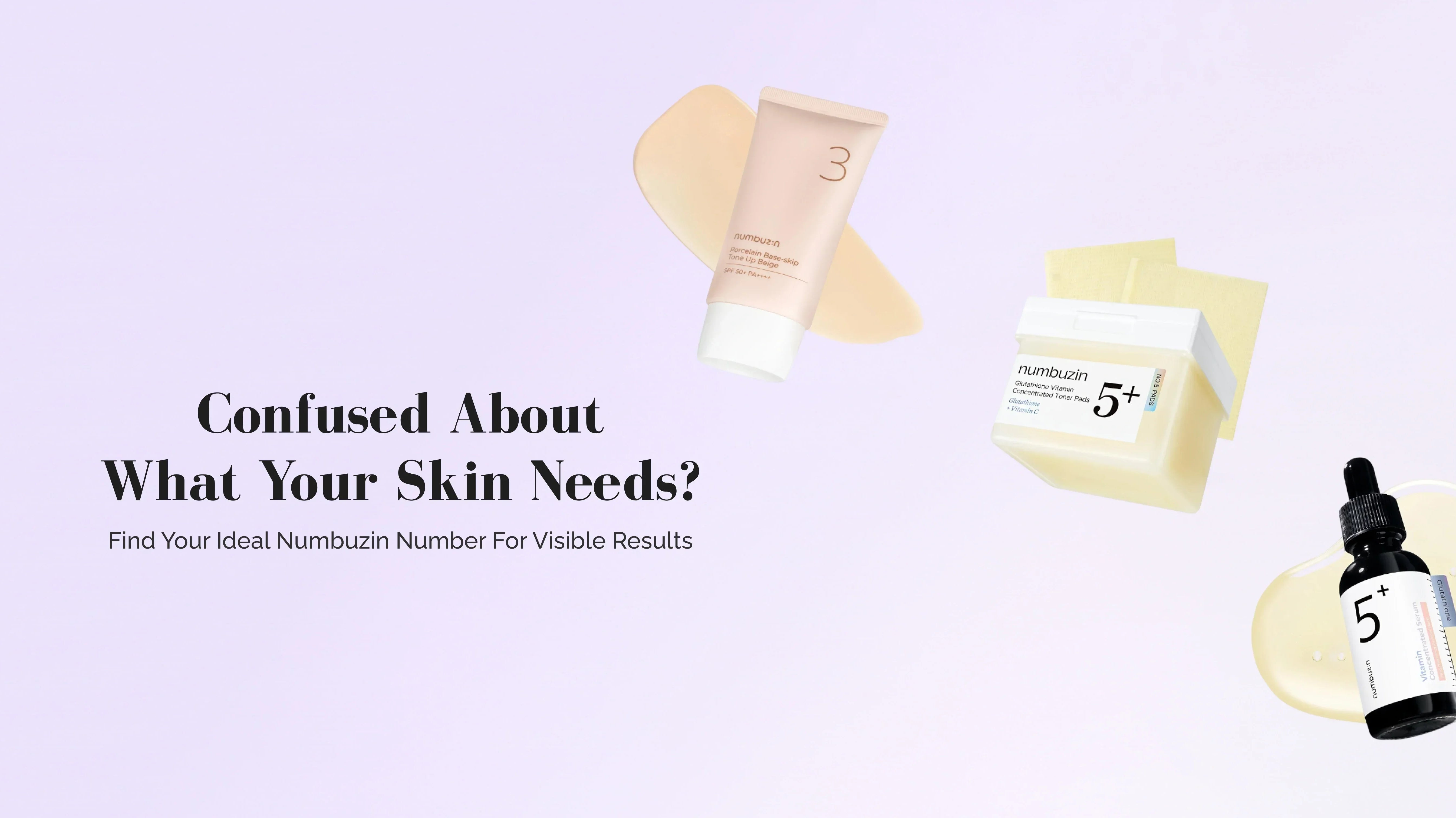 Skincare products with text on a light purple background
