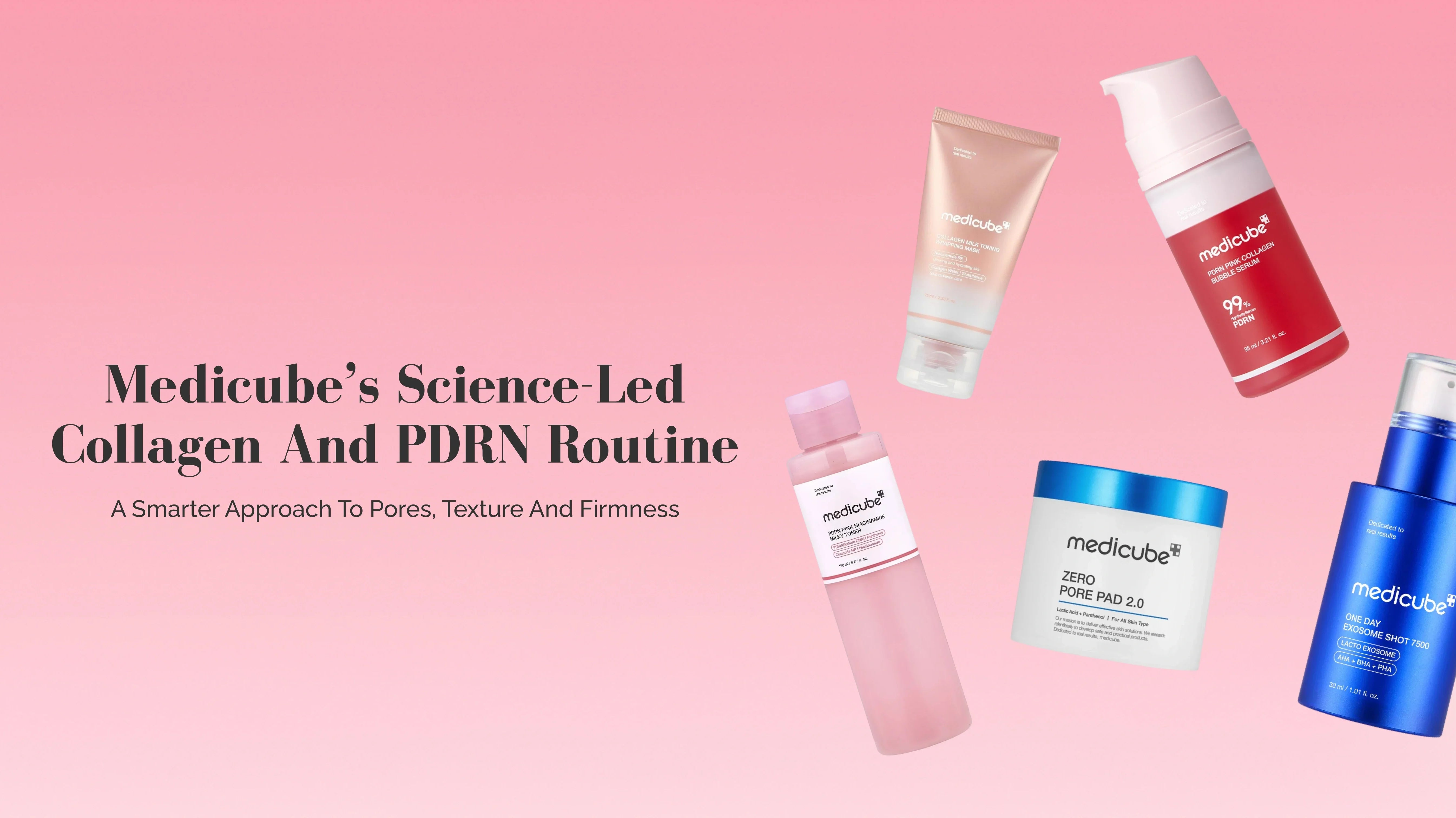 Set of Medicube skincare products on a pink background with text about their routine.