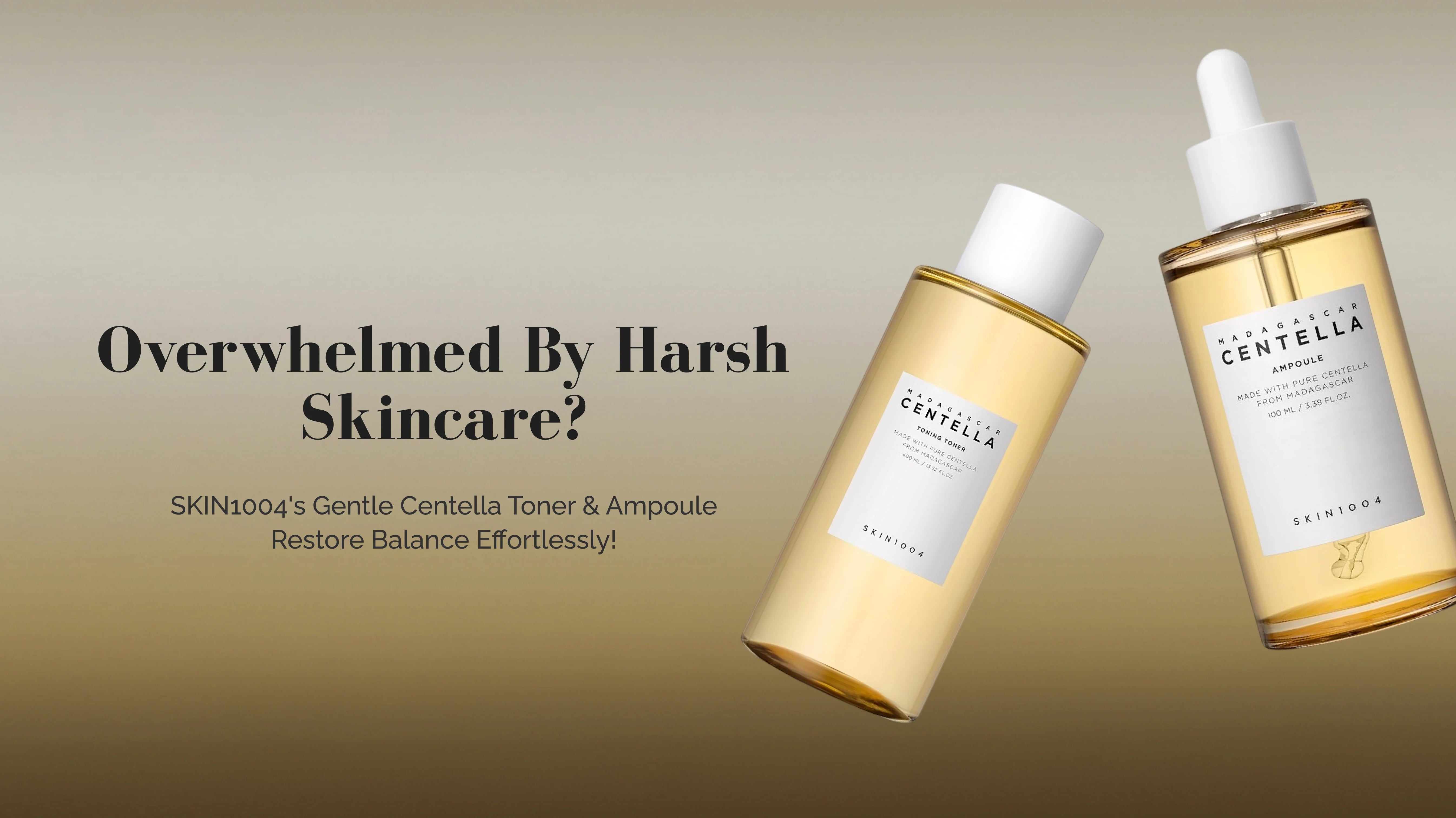 Two skincare bottles with a gradient background and text about harsh skincare.