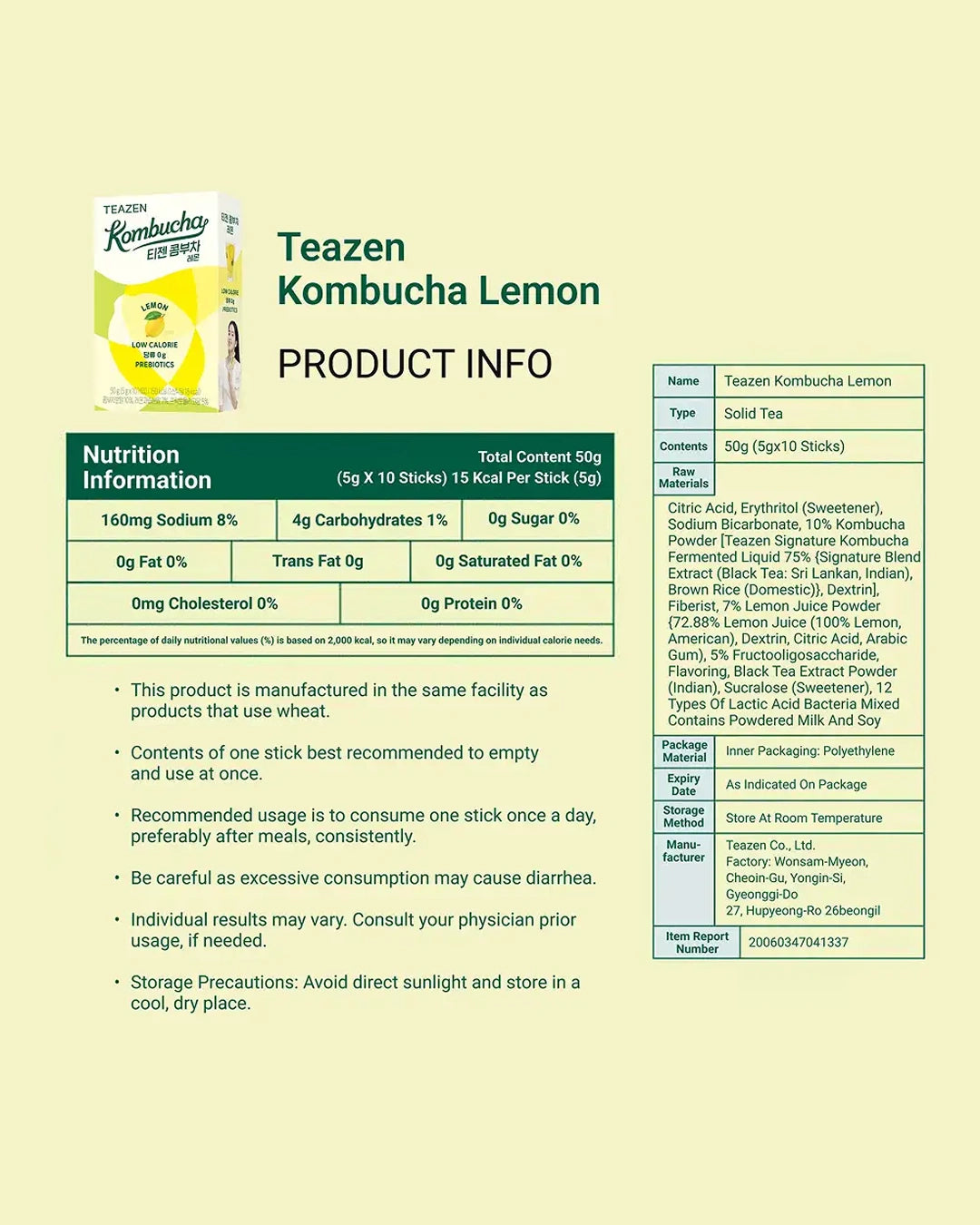 A product information card for Teazen Kombucha Lemon, showing a small product package image, product details, nutrition facts, ingredients, and storage instructions on a pale yellow background.