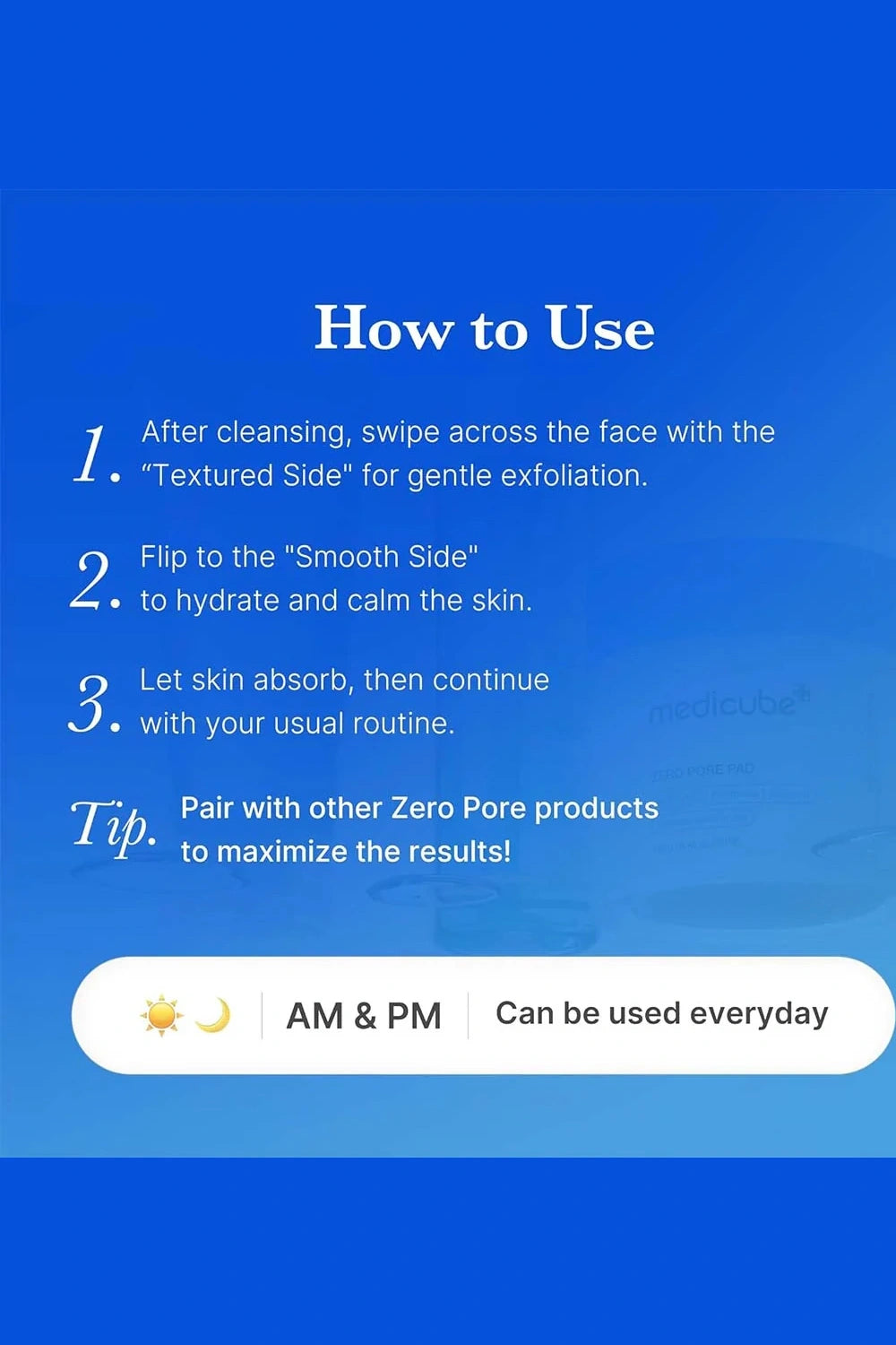 Instructions on how to use a skincare product with a blue background