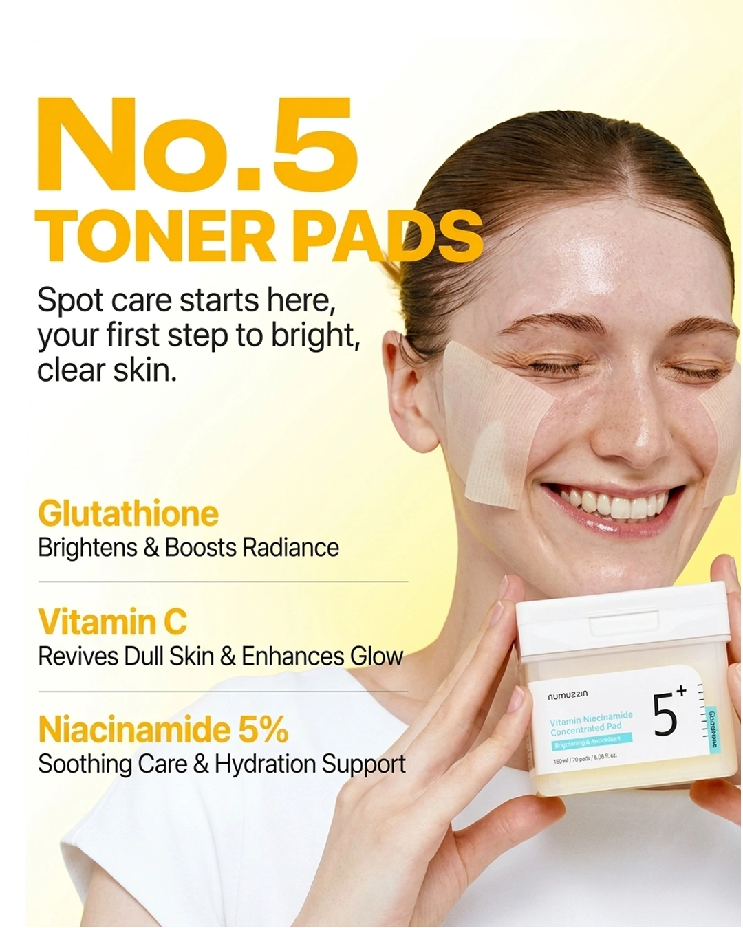 A smiling woman holds a white skincare toner pad jar while wearing a translucent face mask. Large yellow text reads 'No.