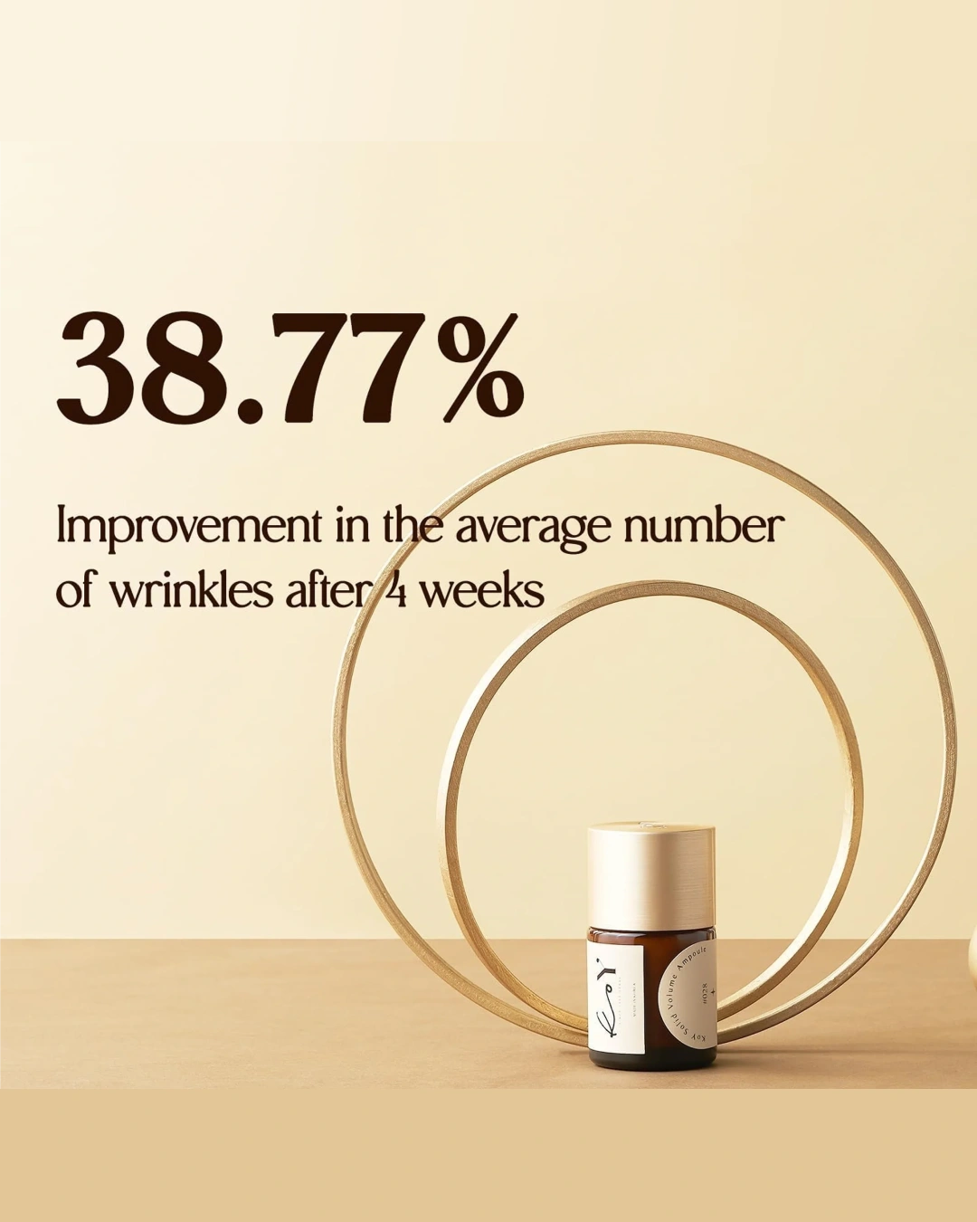 A small cosmetic bottle with a cream cap sits on a beige surface in front of layered gold rings. Large text reads '38.