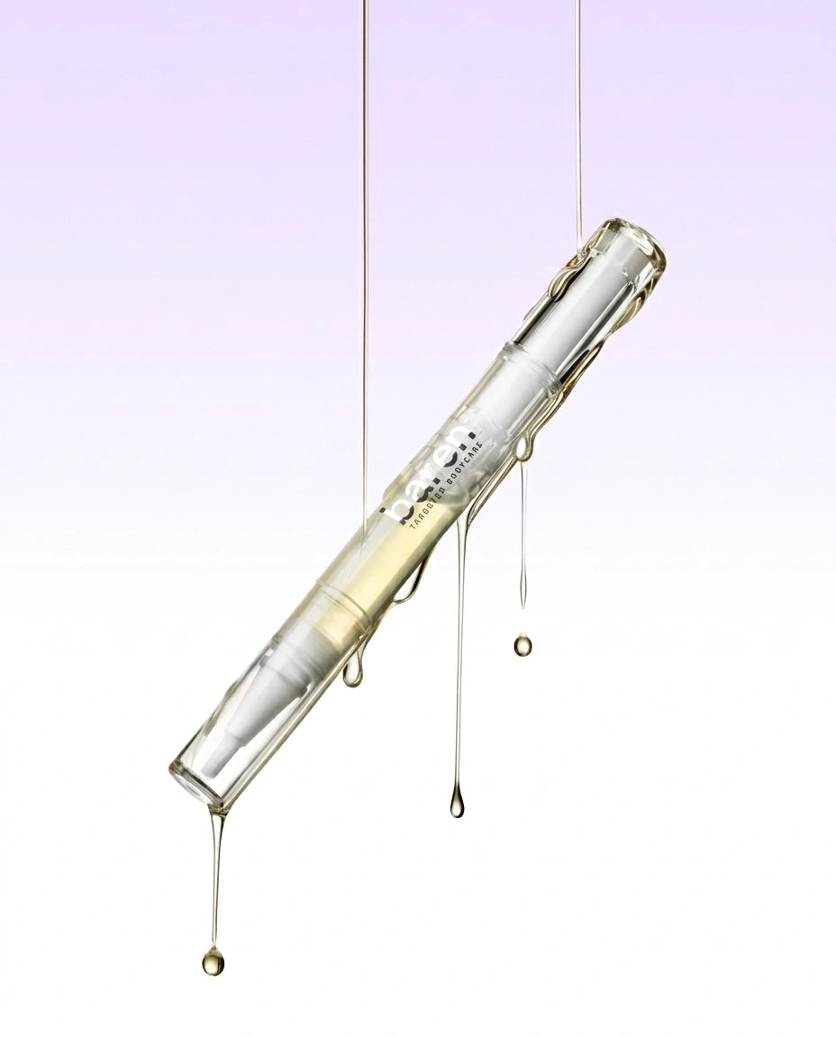 A clear glass cosmetic tube containing a pale yellow liquid, suspended diagonally with dripping glass and liquid details against a soft lavender-to-white gradient background.