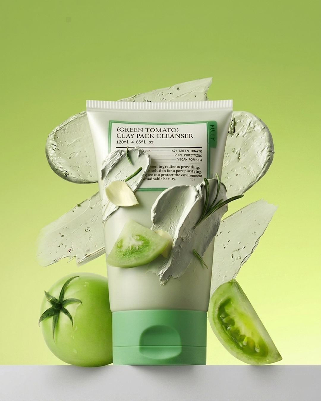 A tube of Green Tomato Clay Pack Cleanser is centered against a light green gradient background, surrounded by stylized props including a whole green tomato, a sliced tomato wedge, and textured clay smears.