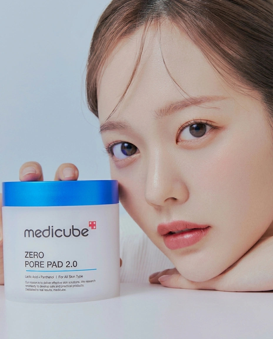 A close-up beauty shot of a woman resting her head on her hand next to a white and blue jar of medicube ZERO PORE PAD 2.0 on a clean white surface.