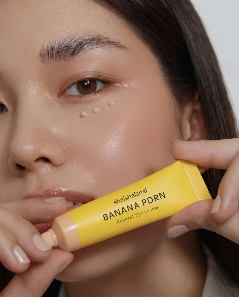 Close-up of a woman holding a yellow tube of shafaahana! Banana PDRN Conceal Eye Cream near her face, with a few drops of the cream visible under her eye.