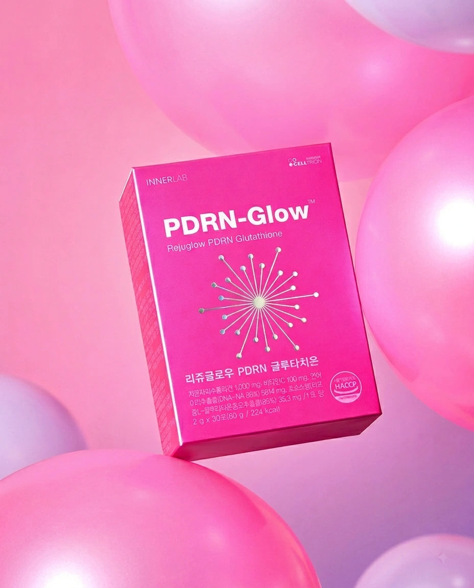 A pink rectangular product box labeled PDRN-Glow, shown standing upright among large pink balloons against a pink background.