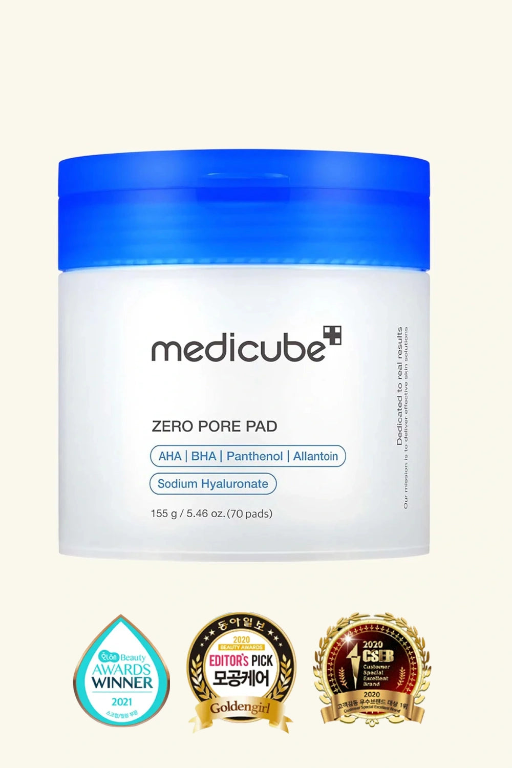 Medicube Zero Pore Pad packaging with blue and white design on a light beige background