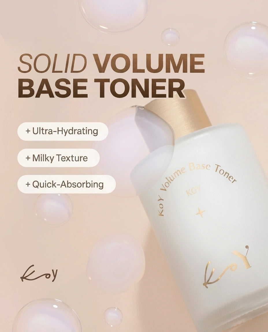 Koy Solid Volume Base Toner bottle with a frosted white body and gold cap, set against a soft beige background with floating bubbles and product feature text.