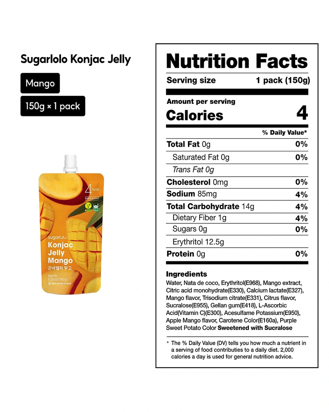 Konjac jelly package and nutrition facts shown on a white background. The left side shows a jar labeled Sugarlovely Konjac Jelly Mango 150g with an orange-yellow jelly jar graphic and text reading Mango and 150g x 1 pack.