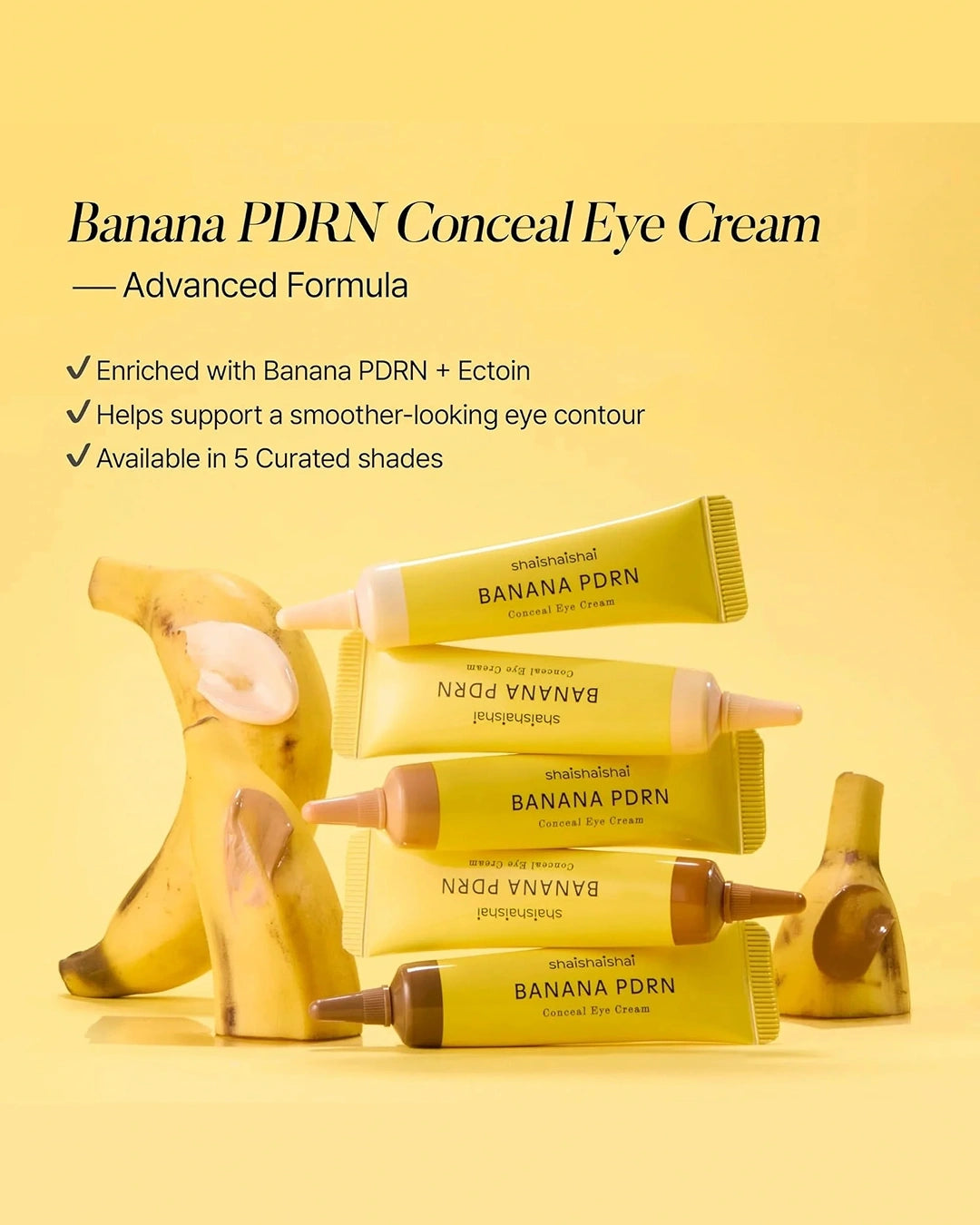 Five tubes of Banana PDRN Conceal Eye Cream by unordinary are arranged on a yellow background with banana props and promotional text.