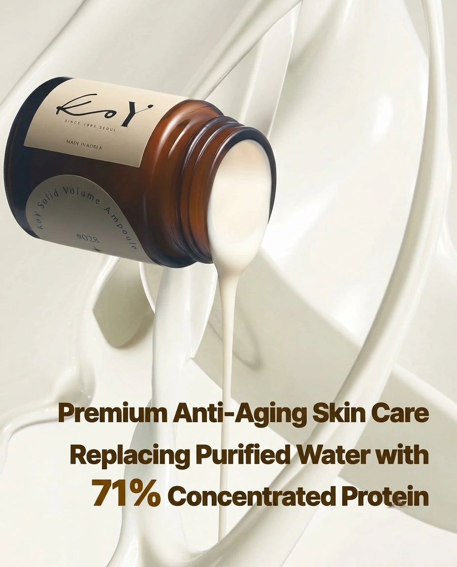 An amber glass skincare bottle labeled 'ko' with white cream being poured, set against a glossy white liquid background. Text at the bottom reads: 'Premium Anti-Aging Skin Care Replacing Purified Water with 71% Concentrated Protein'.