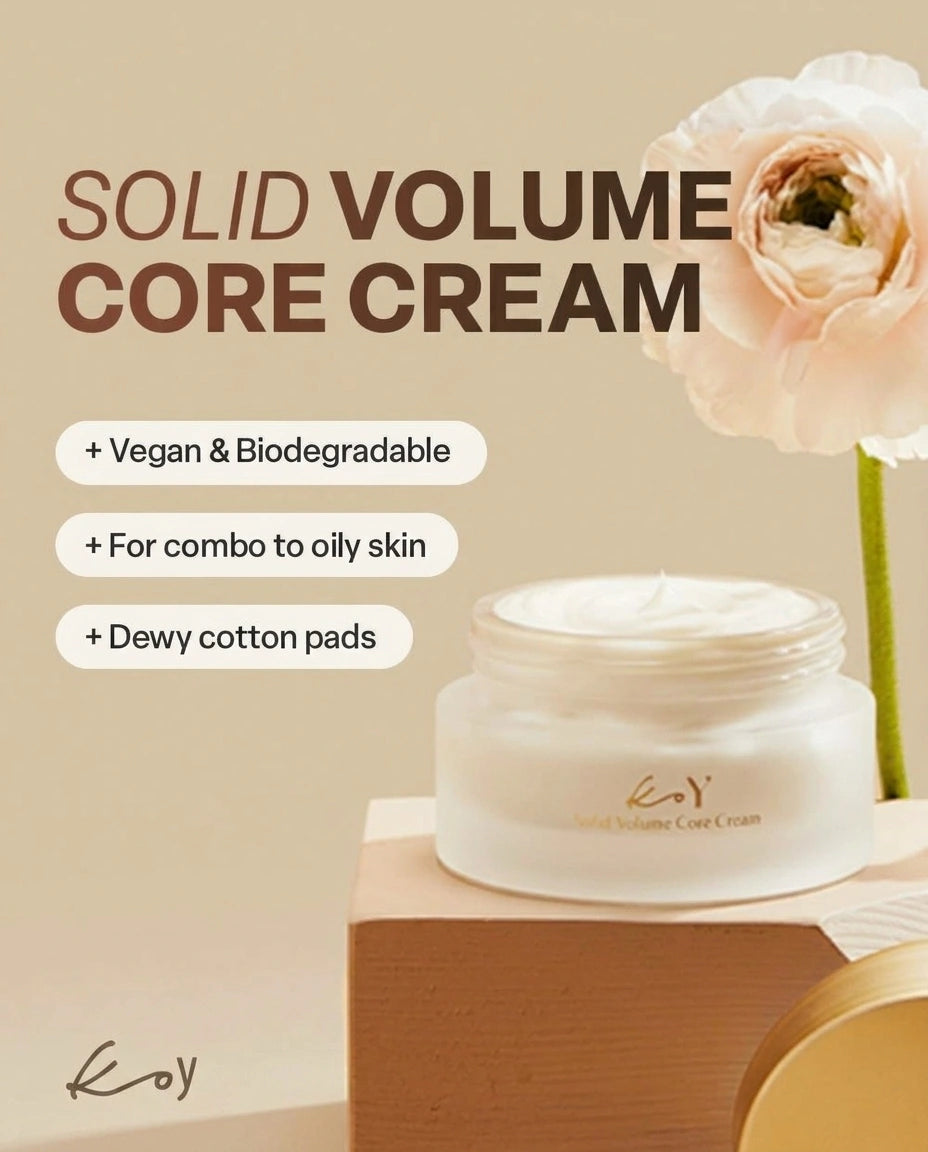 Solid Volume Core Cream jar displayed on a wooden block with promotional text and a pale flower on a beige background.