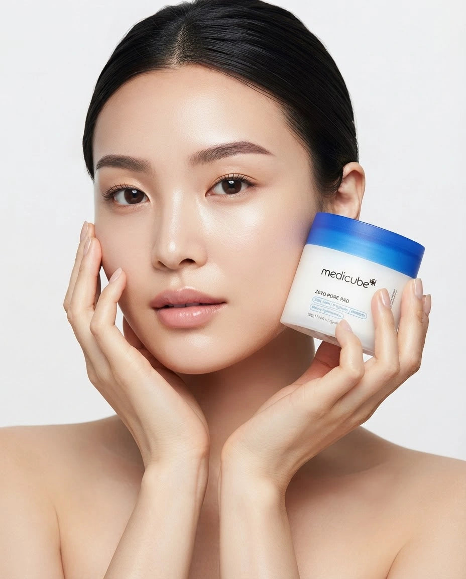 A woman with clean, radiant skin holds a jar of medicube Bio-Rich Prox skin care cream against a light gray studio background.