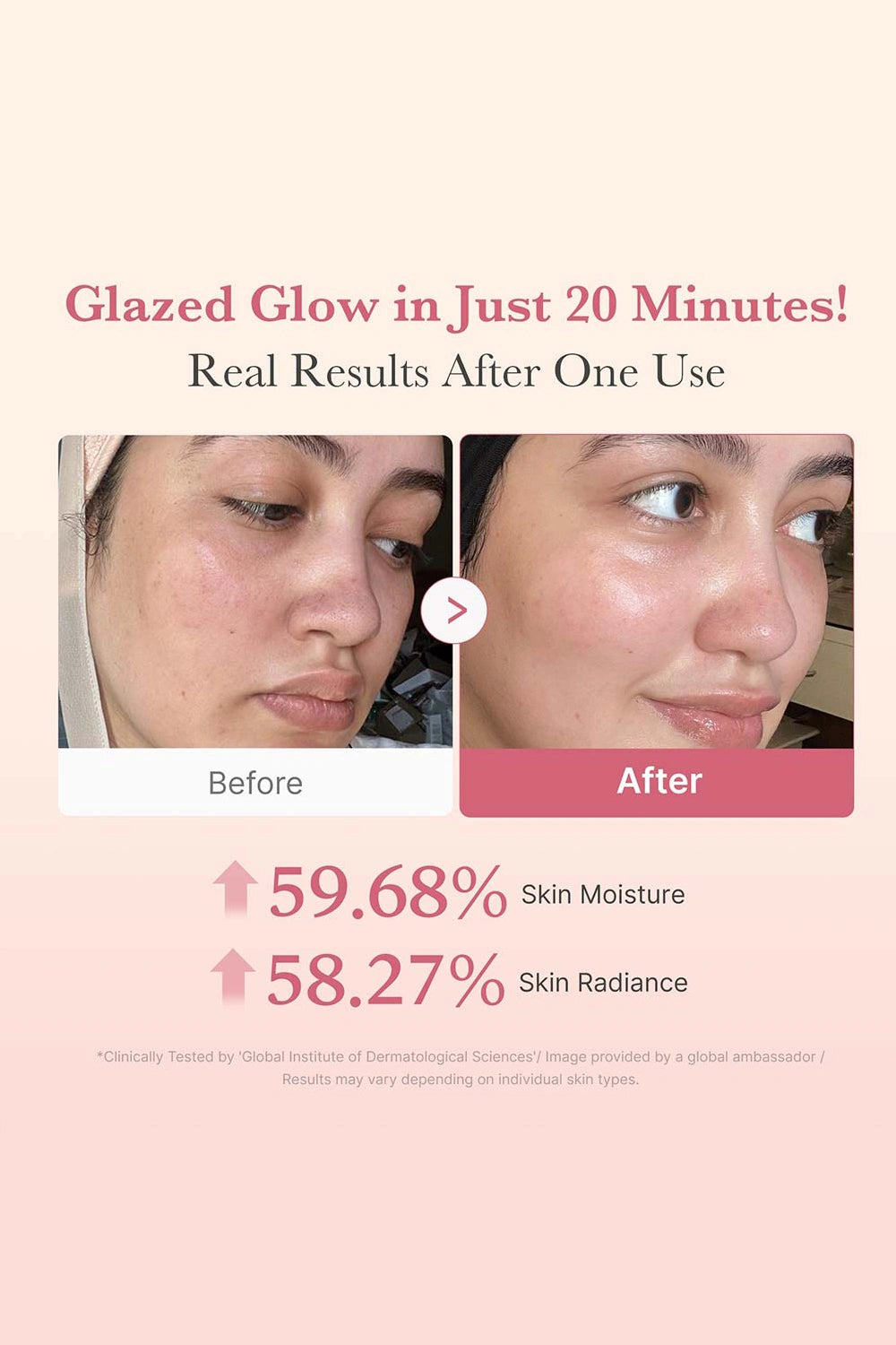 Before and after skin comparison with text on a light pink background