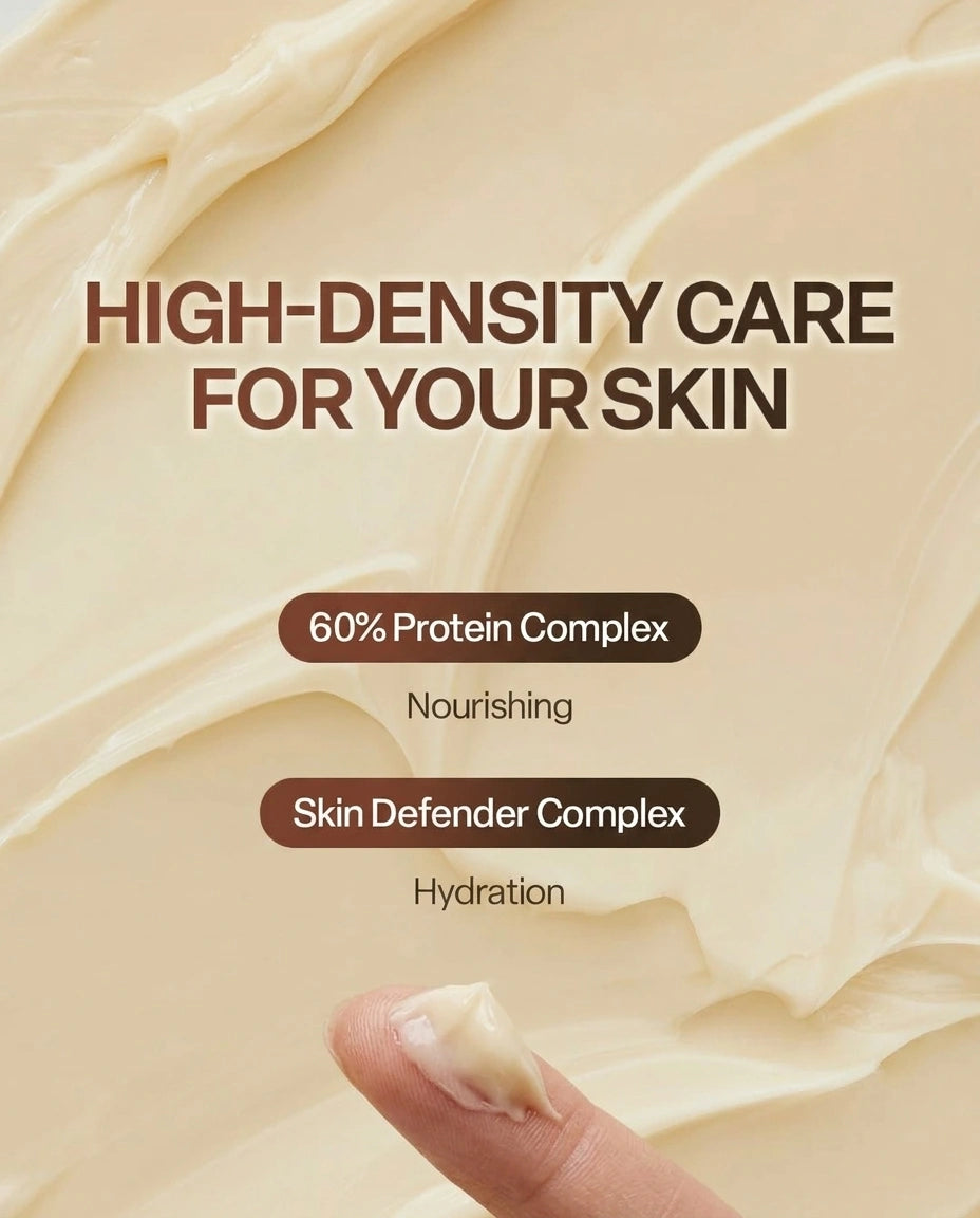 Cream-colored skincare product texture background with text reading 'HIGH-DENSITY CARE FOR YOUR SKIN' and callouts for '60% Protein Complex' and 'Skin Defender Complex' nourishment and hydration, plus a partial finger showing a dollop of cream.
