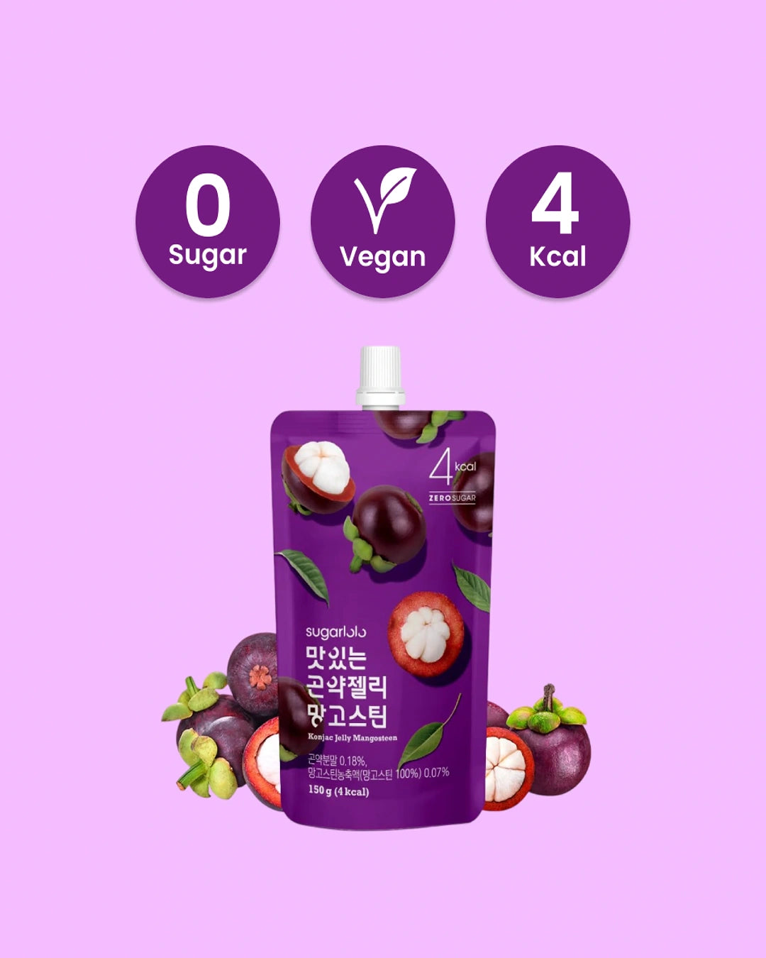 A purple stand-up pouch of sugar-free vegan mangosteen drink with fruit illustrations and white text, shown on a light purple background with three circular badges reading 0 Sugar, Vegan, and 4 Kcal.