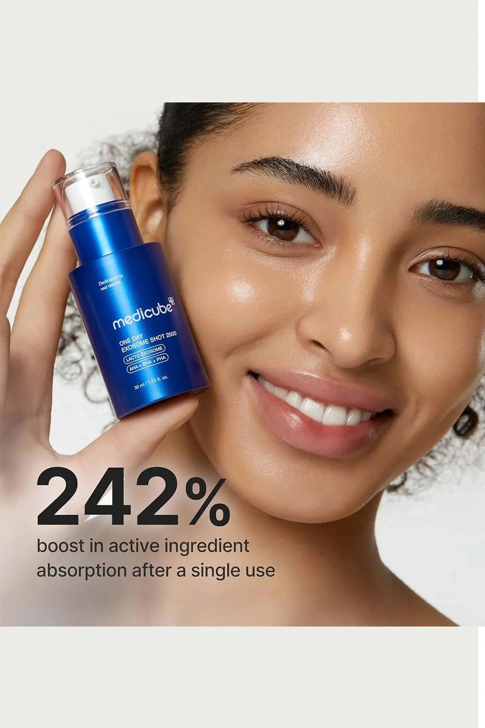 Woman holding a blue skincare product with text about active ingredient absorption.