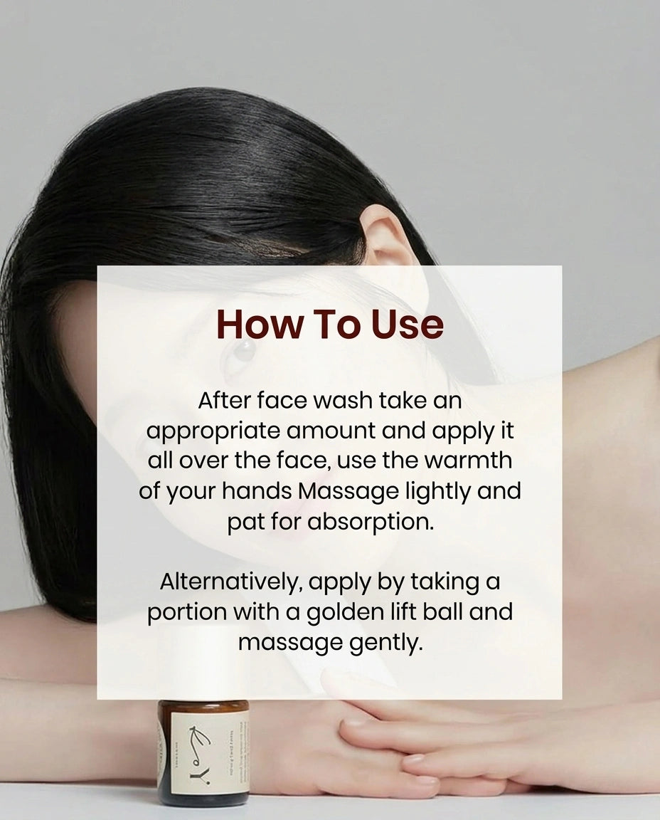 A person lying down with their face covered by a large white text overlay titled 'How To Use', showing instructions for applying a facial product. A small bottle is visible at the bottom left, and the background is a soft light gray.