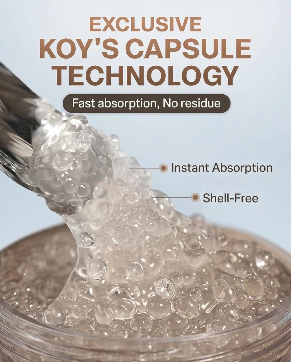 Clear gel beads being poured from a metal scoop into a clear container, with promotional text reading 'EXCLUSIVE KOY'S CAPSULE TECHNOLOGY' and callouts for 'Instant Absorption' and 'Shell-Free'.