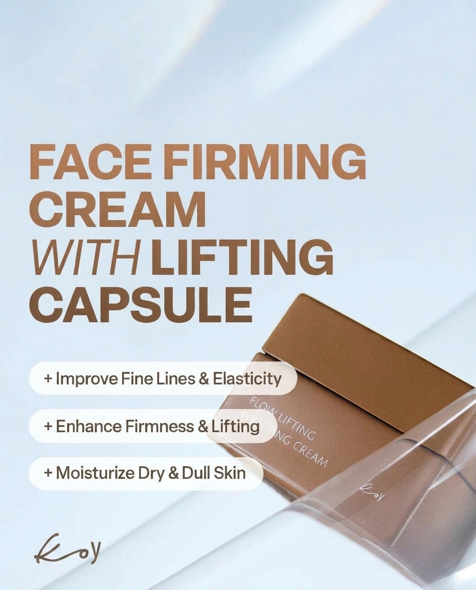 Promotional graphic for a face firming cream with lifting capsule. Large brown text reads 'FACE FIRMING CREAM WITH LIFTING CAPSULE' on a pale blue-white background, with a brown product box and a clear tube partially visible on the right.
