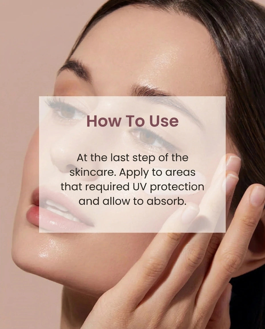 Close-up of a woman's face and hand with a translucent overlay reading 'How To Use' and skincare application instructions, against a soft beige background.