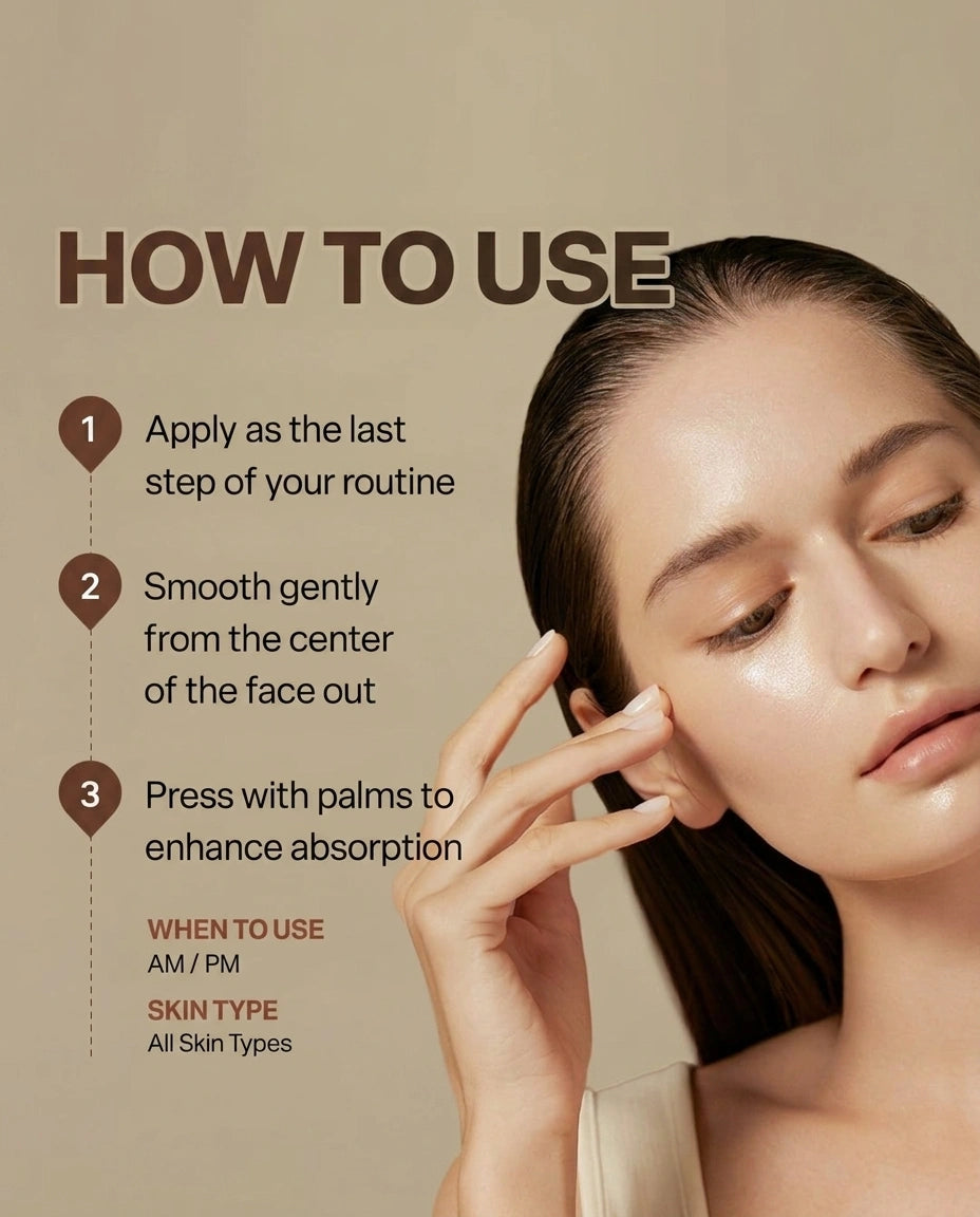 An instructional beauty graphic with the heading 'HOW TO USE' and three numbered steps showing how to apply a skincare product. A woman with closed eyes appears on the right side, touching her face, set against a warm beige background.