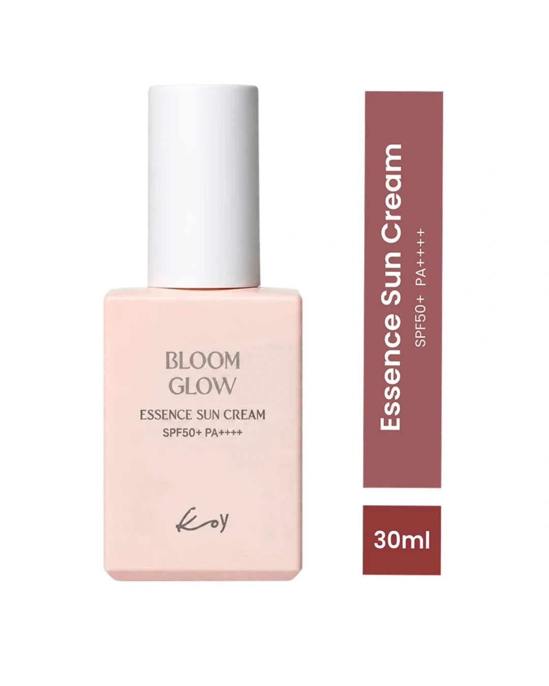 Bloom Glow Essence Sun Cream SPF50+ PA++++ in a pale pink bottle with a white cap, shown next to a vertical color swatch strip of the same dusty rose shade and labeled 30ml.