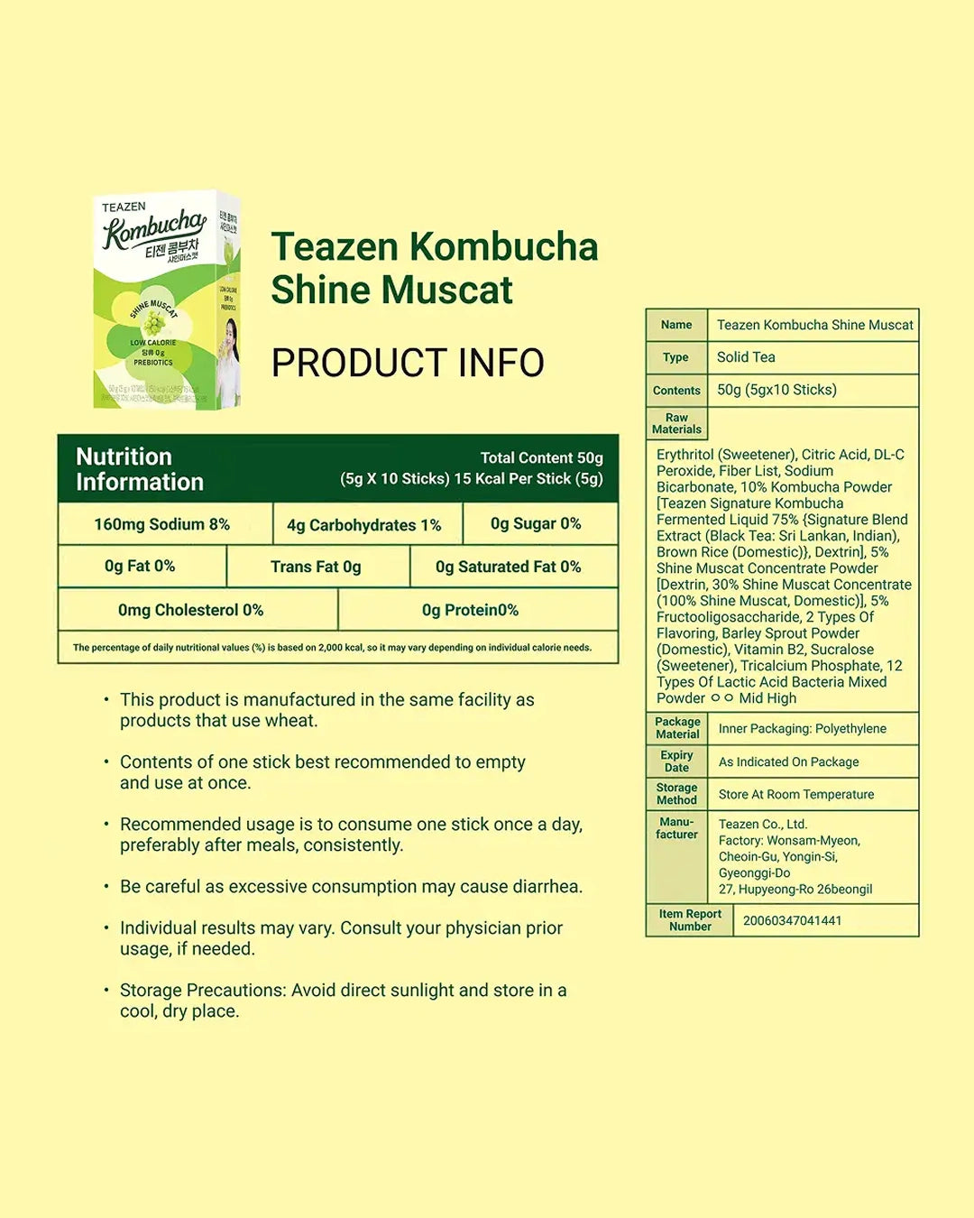 A product information card for Teazen Kombucha Shine Muscat on a pale yellow background, showing the product box, ingredients, nutrition facts, and usage instructions.