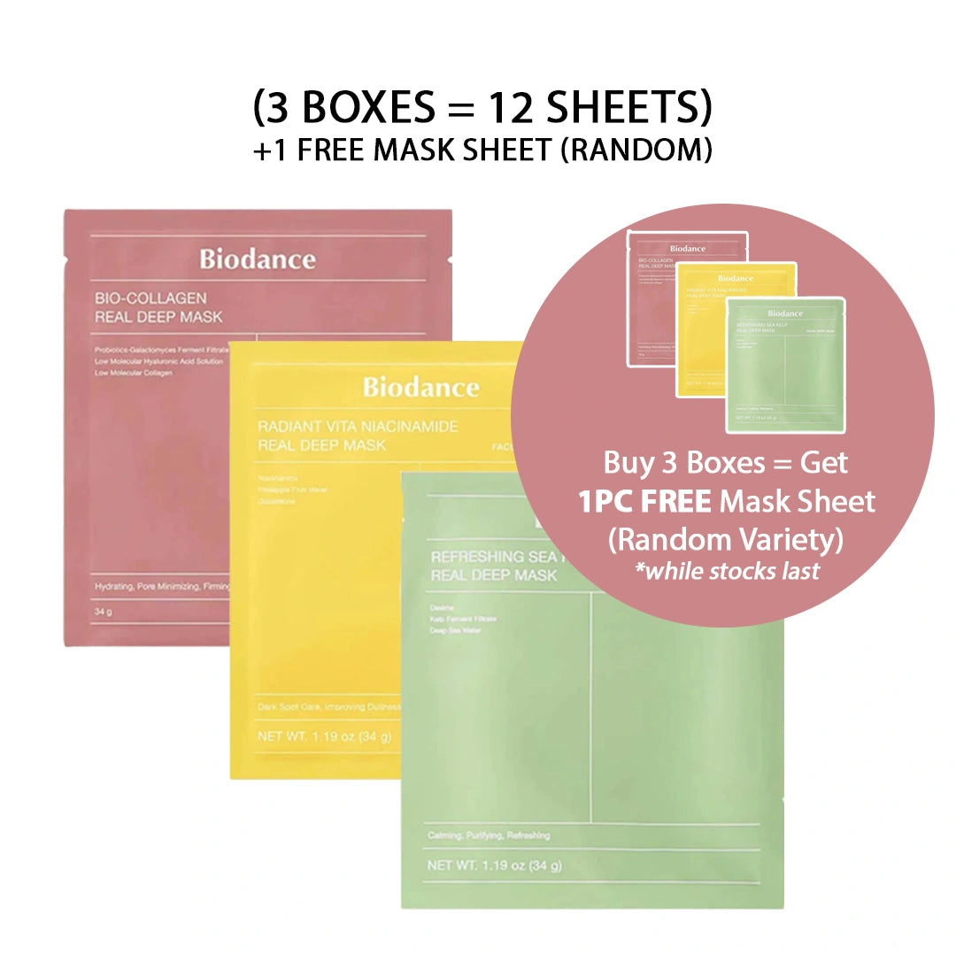Three Biodance sheet mask boxes with promotional text on a white background