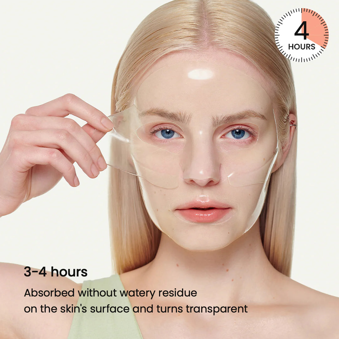 Woman applying a transparent sheet to her face with text indicating absorption time and effects.