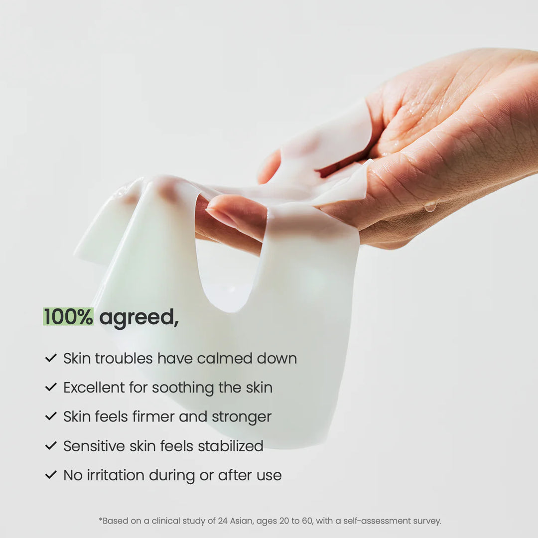 Person holding a white silicone sheet with text about skin benefits on a light gray background