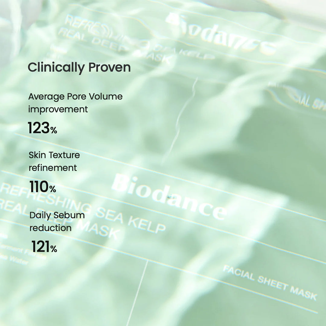 Bioderma facial sheet mask with clinical improvement percentages on a green background