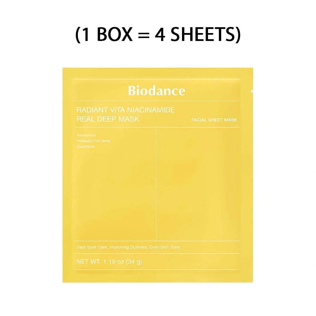 Yellow sheet mask packaging with 'Biodance' branding on a white background