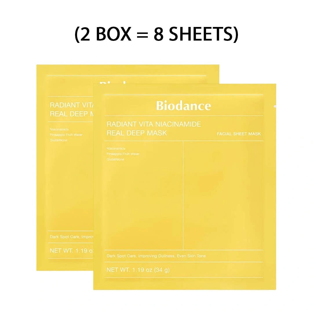 Two yellow facial sheet masks with Biodance branding on a white background.