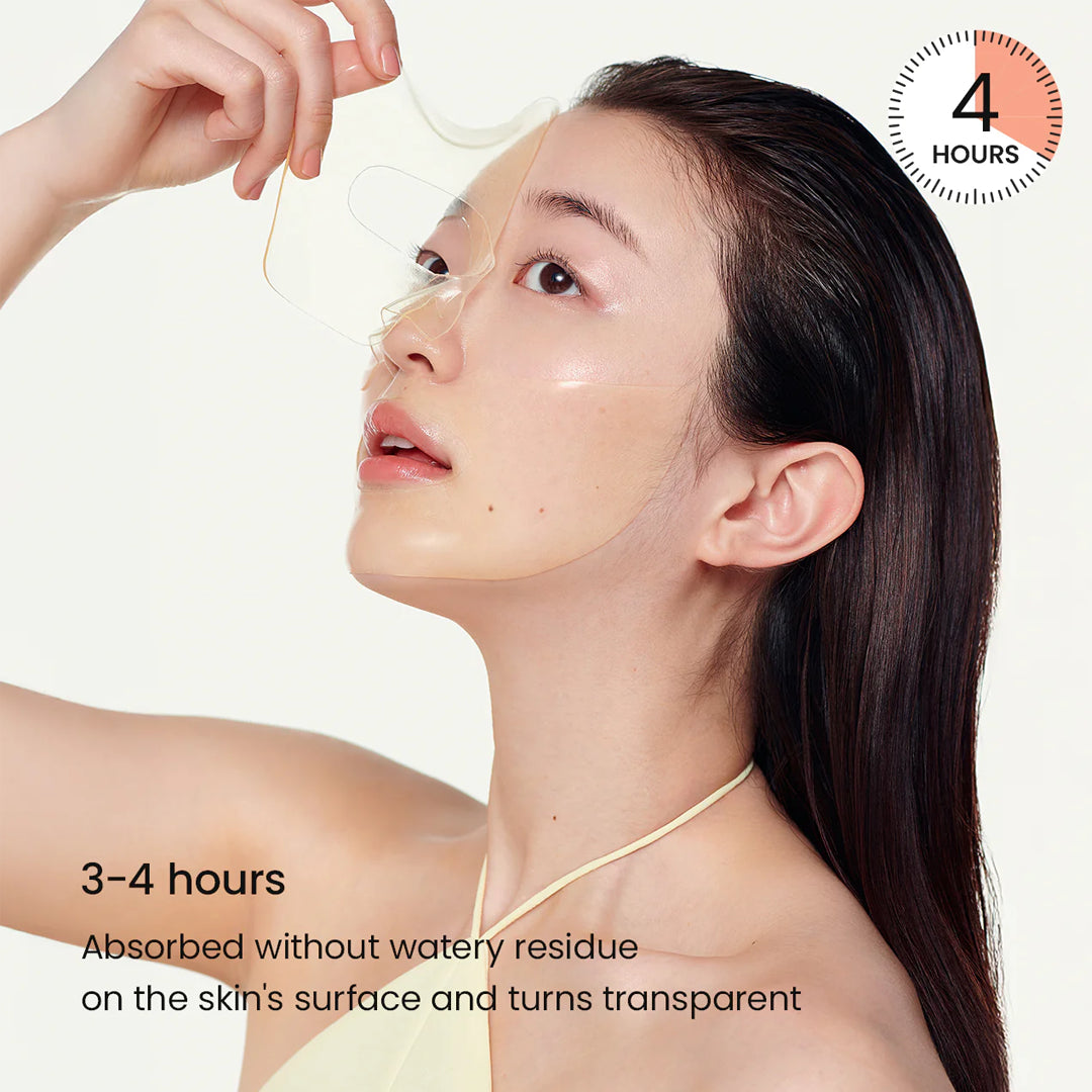Woman applying a skincare product with text indicating absorption time and benefits.