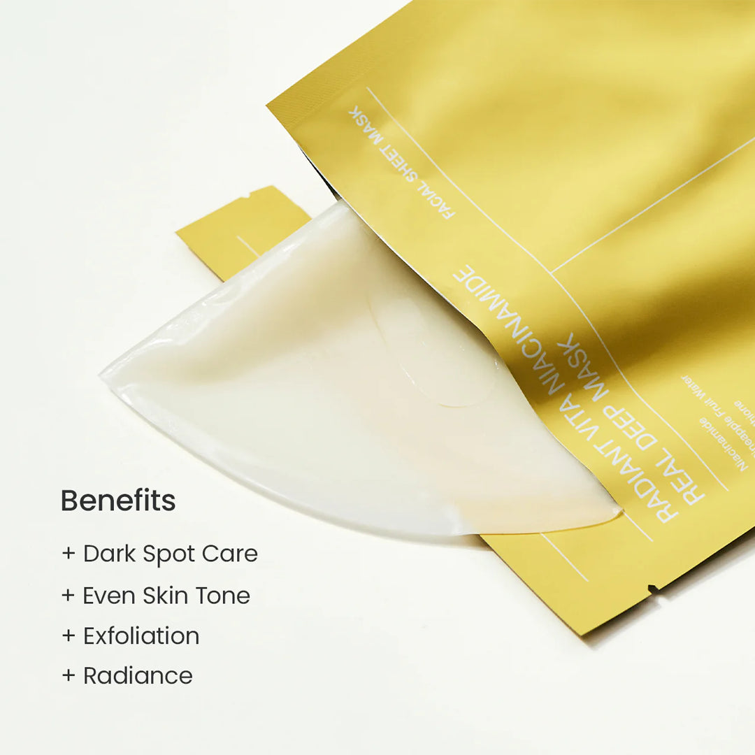 Sheet mask with yellow packaging on a white background, showing benefits listed.