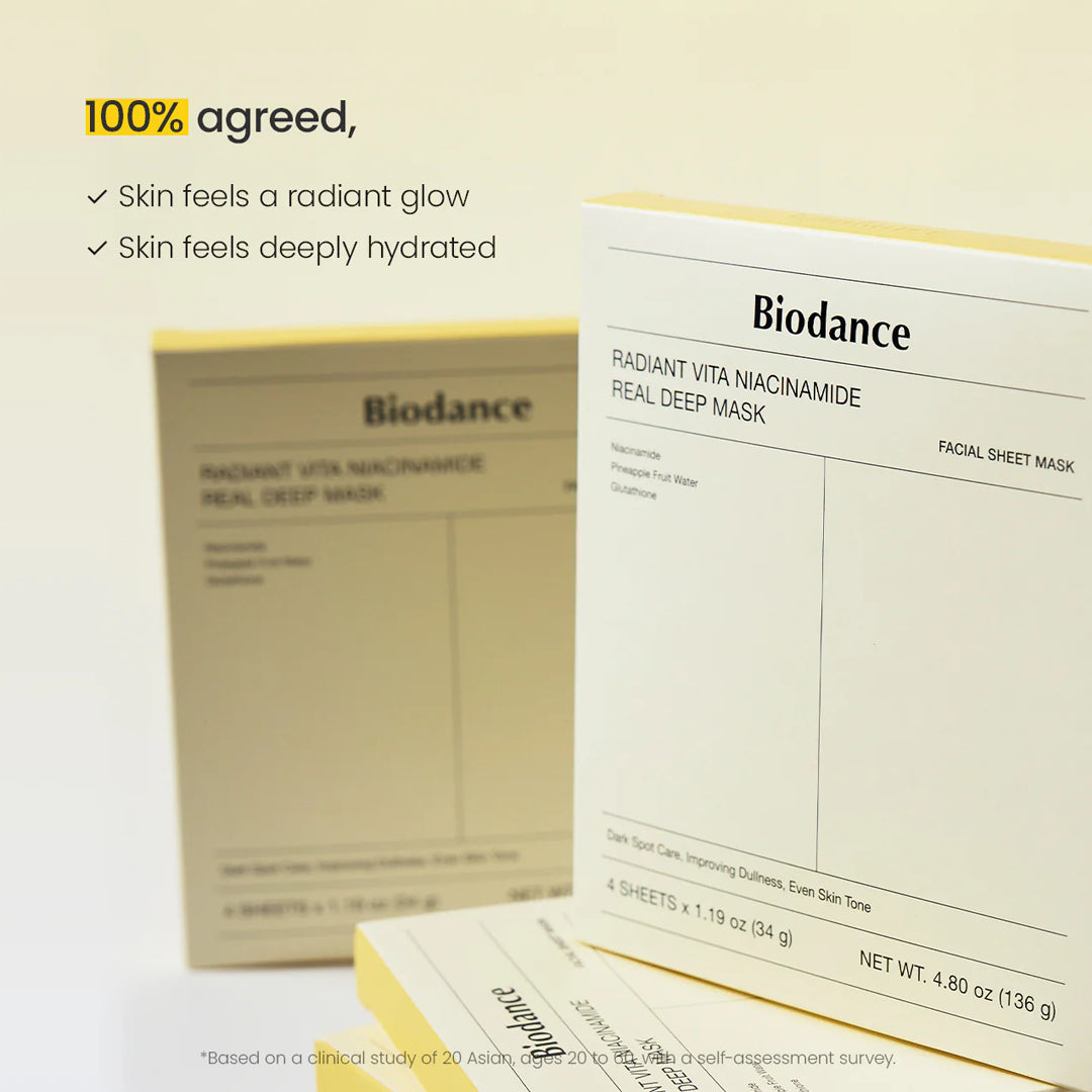 Biodance facial sheet mask packaging with product details on a light background