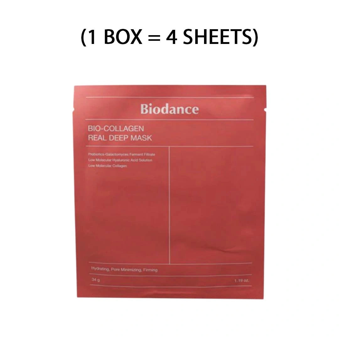 Red sheet mask packaging with 'Biodance' branding on a white background