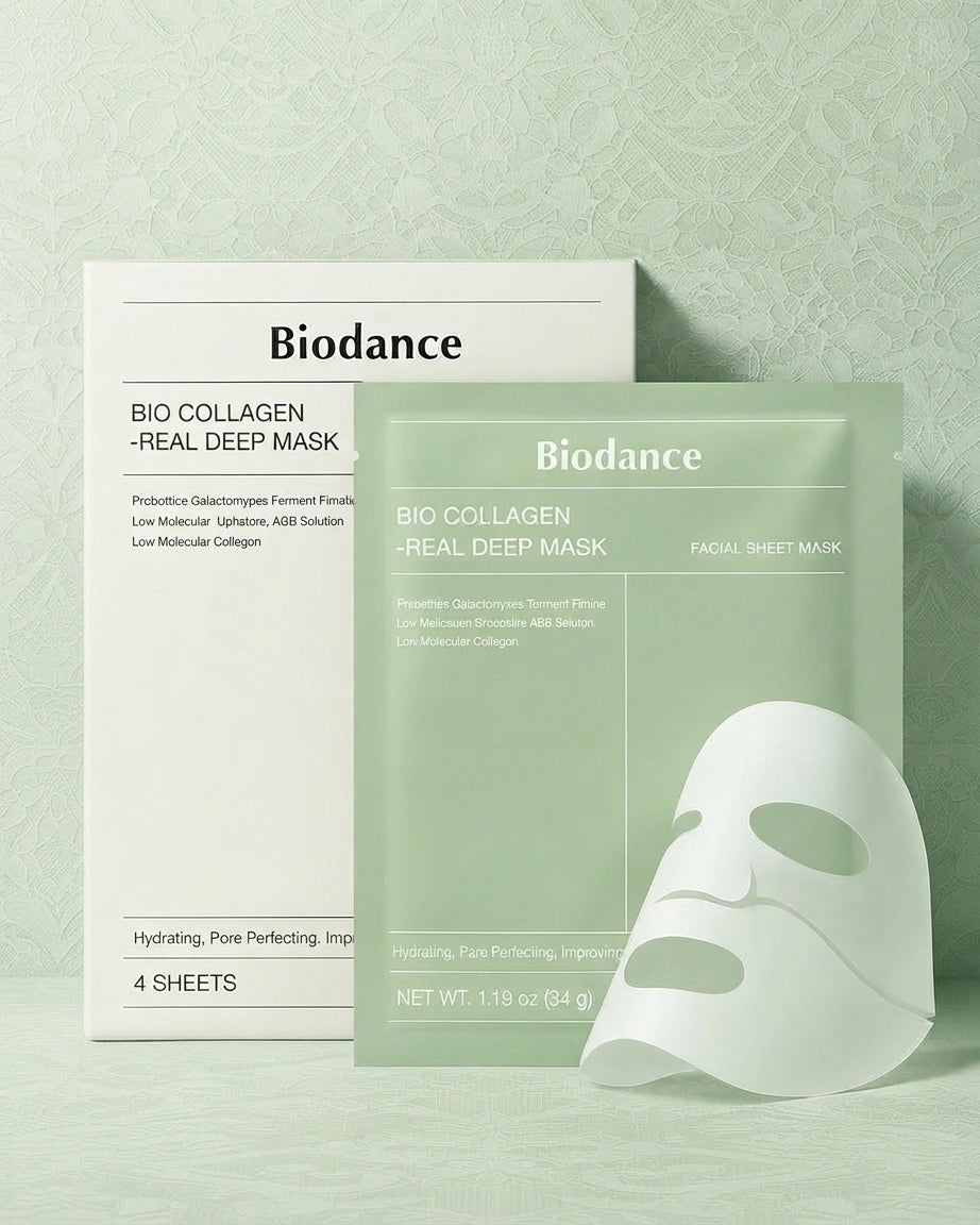 Biodance Bio Collagen - Real Deep Mask facial sheet mask set, featuring a white box, a light green sachet, and a white sheet mask on a textured pale green background.