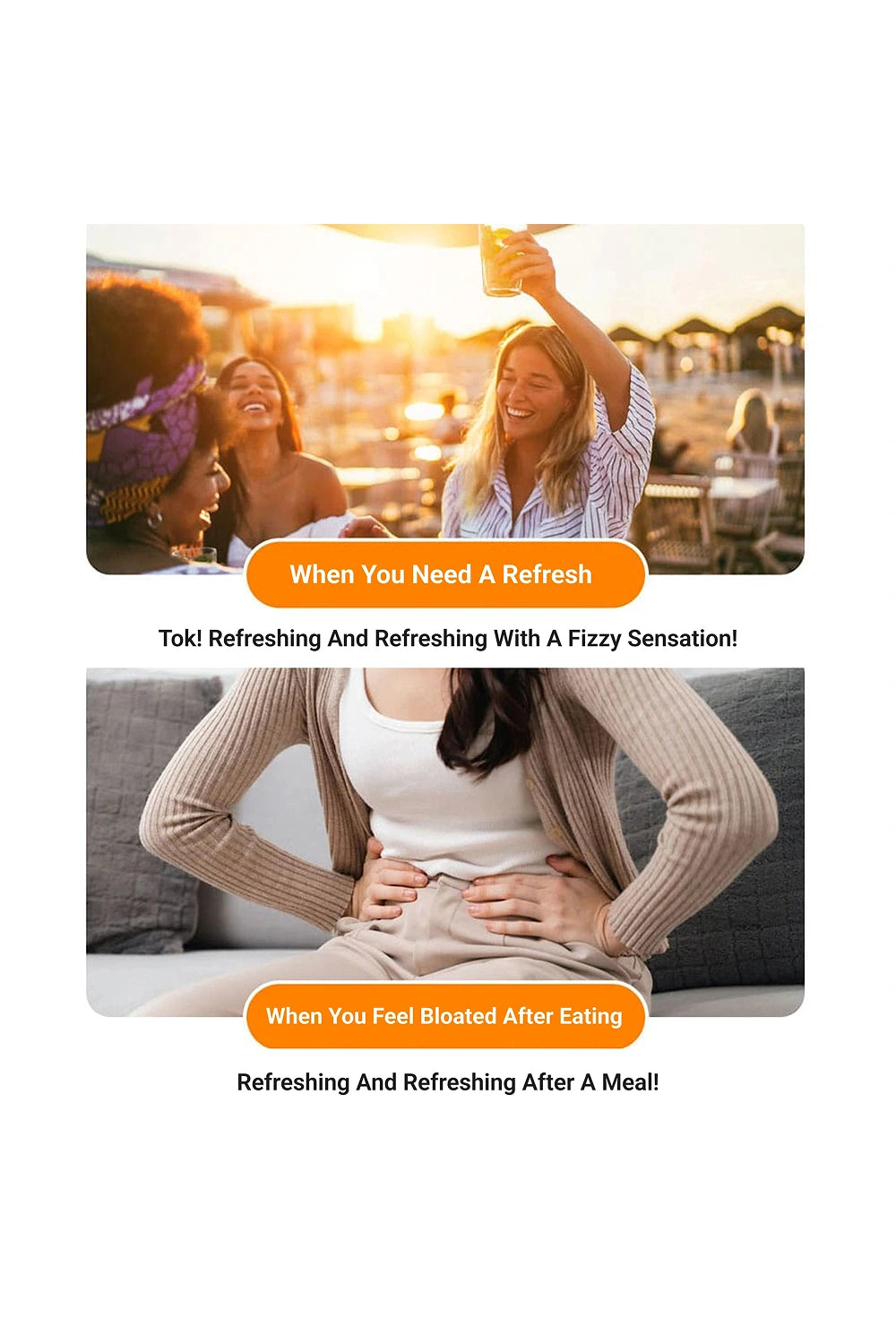 Two people enjoying a sunny outdoor setting with text about refreshing drinks.