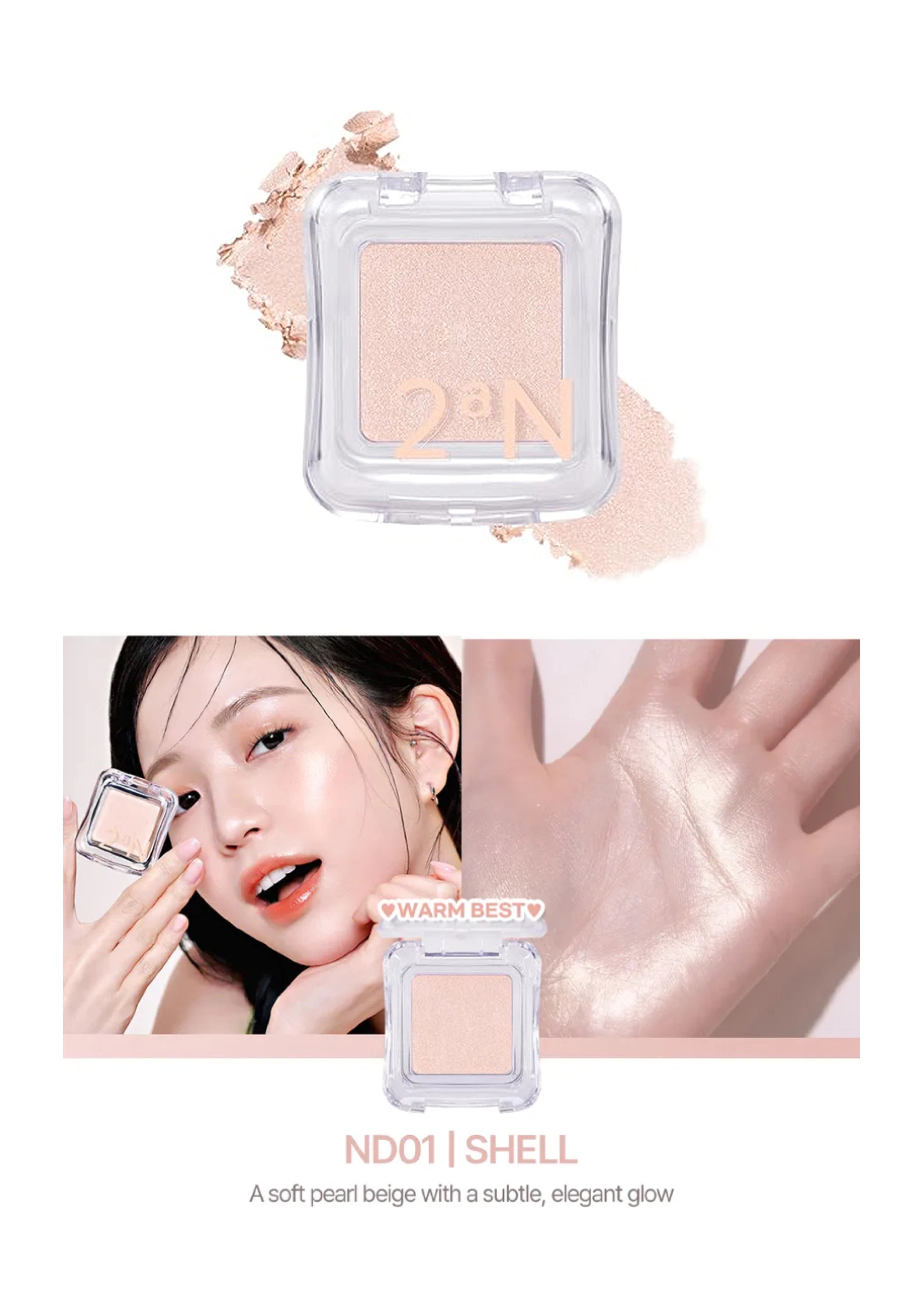 Makeup product with application on face and hand, featuring a model wearing it.