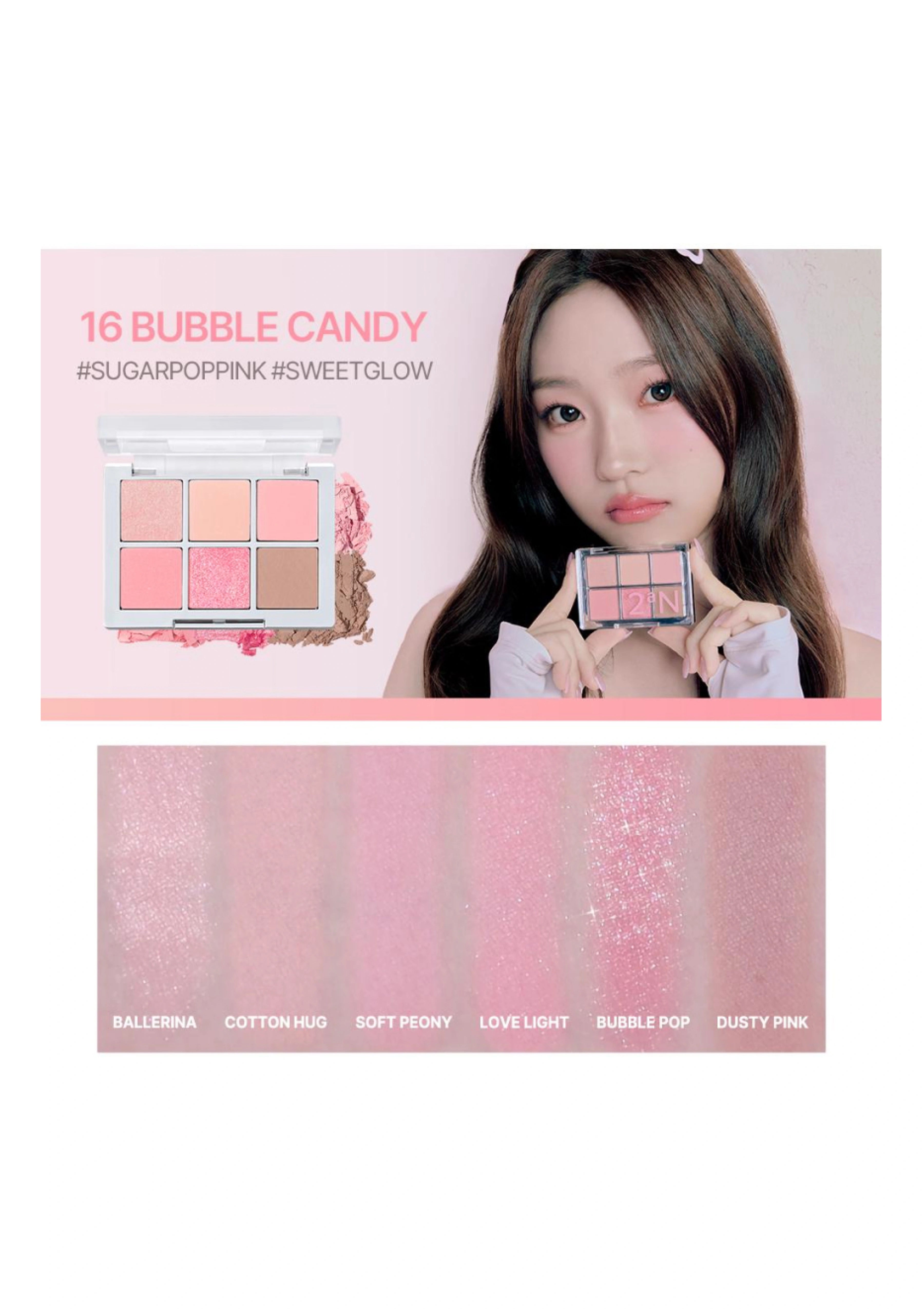 Makeup product with color swatches and a model holding it, set against a pink background.