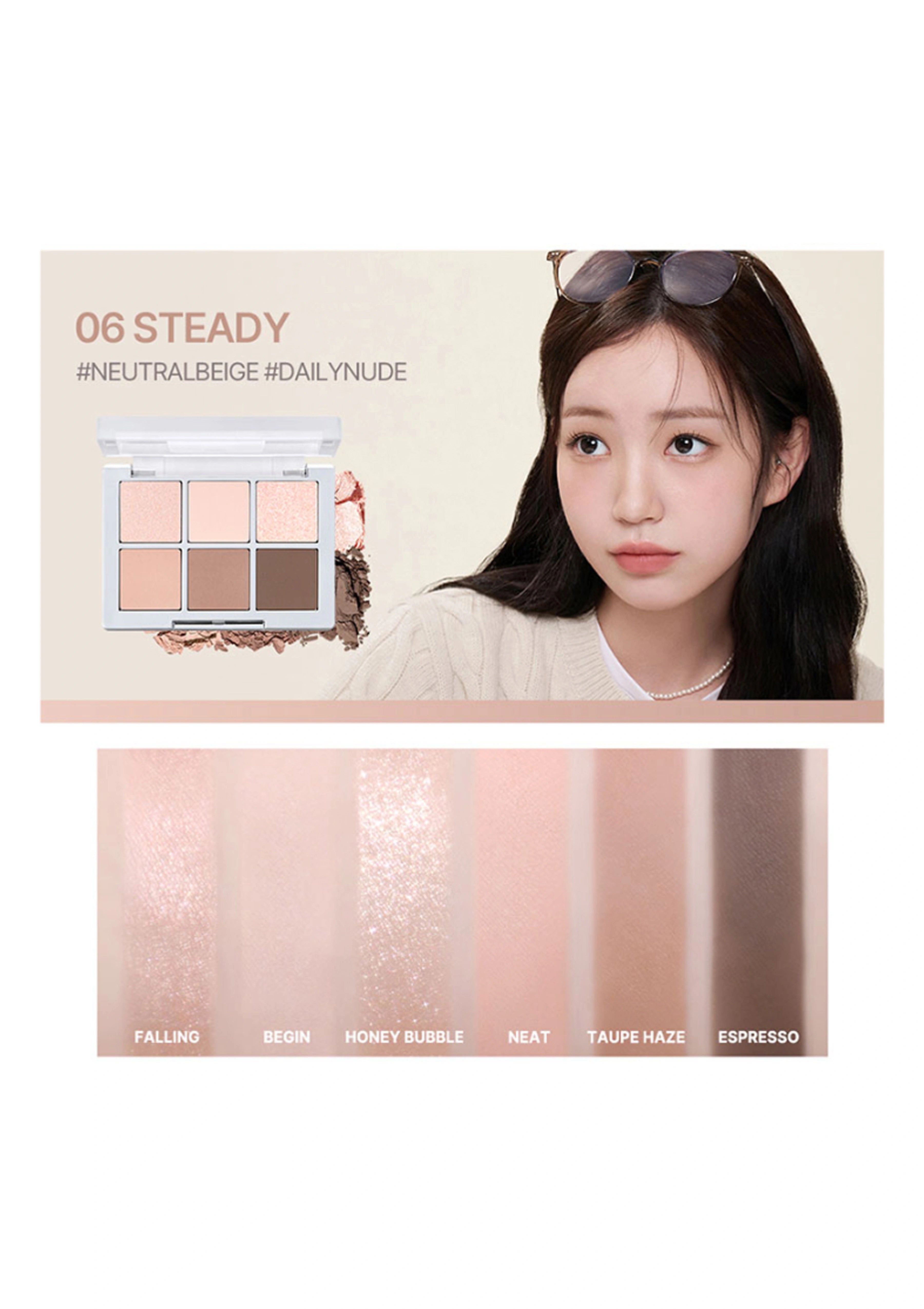 Makeup palette with color swatches and a model wearing the product.