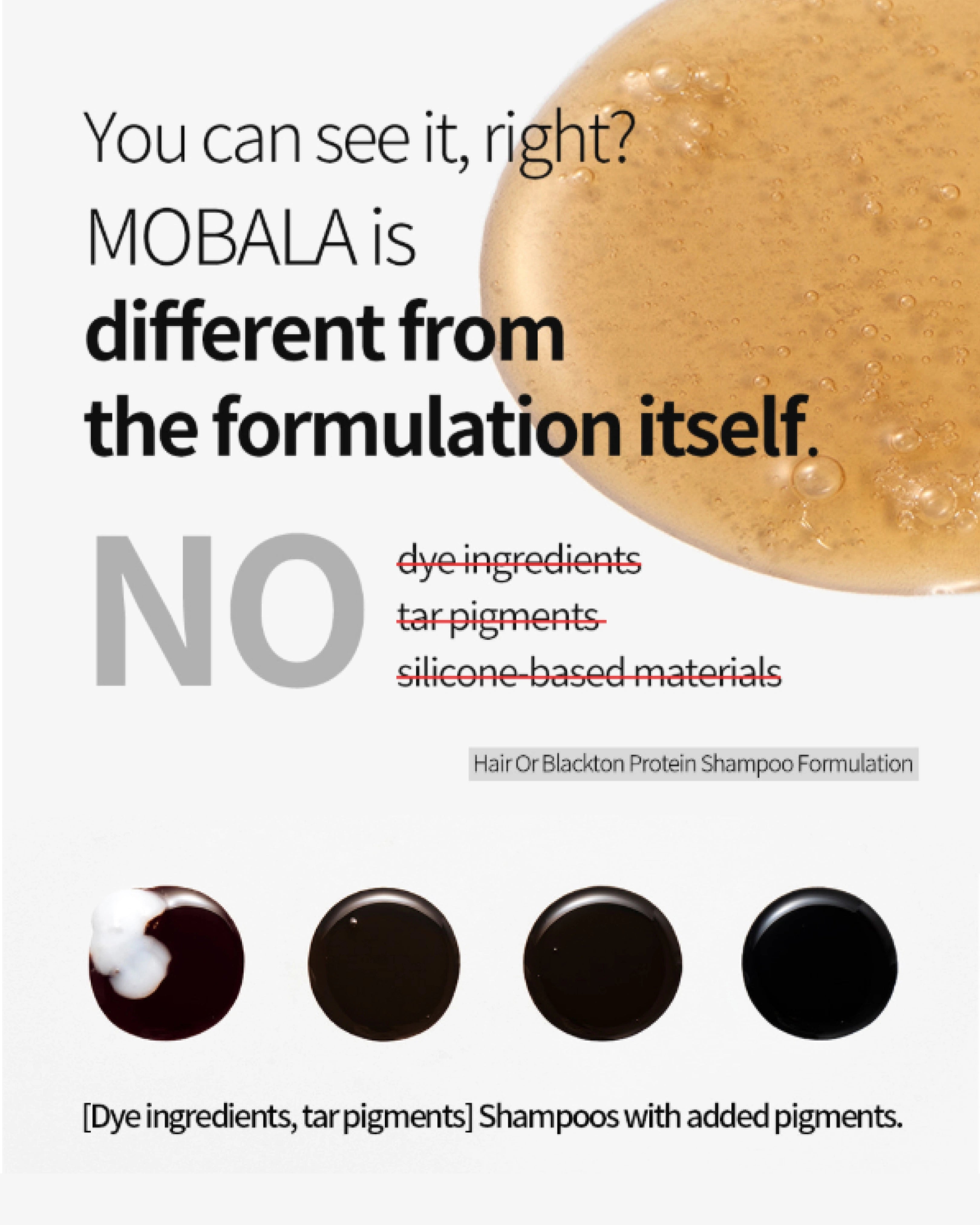 A promotional graphic for MOBALA hair and blackton protein shampoo formulation. The text states, 'You can see it, right? MOBALA is different from the formulation itself.