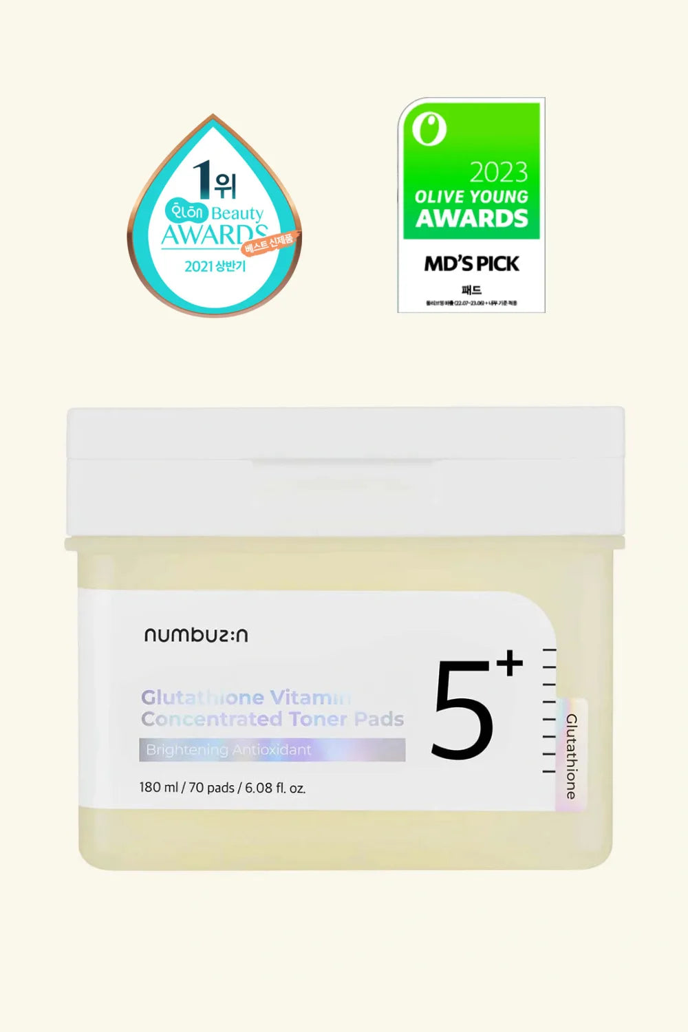 Numbuzin skincare product with awards on a white background