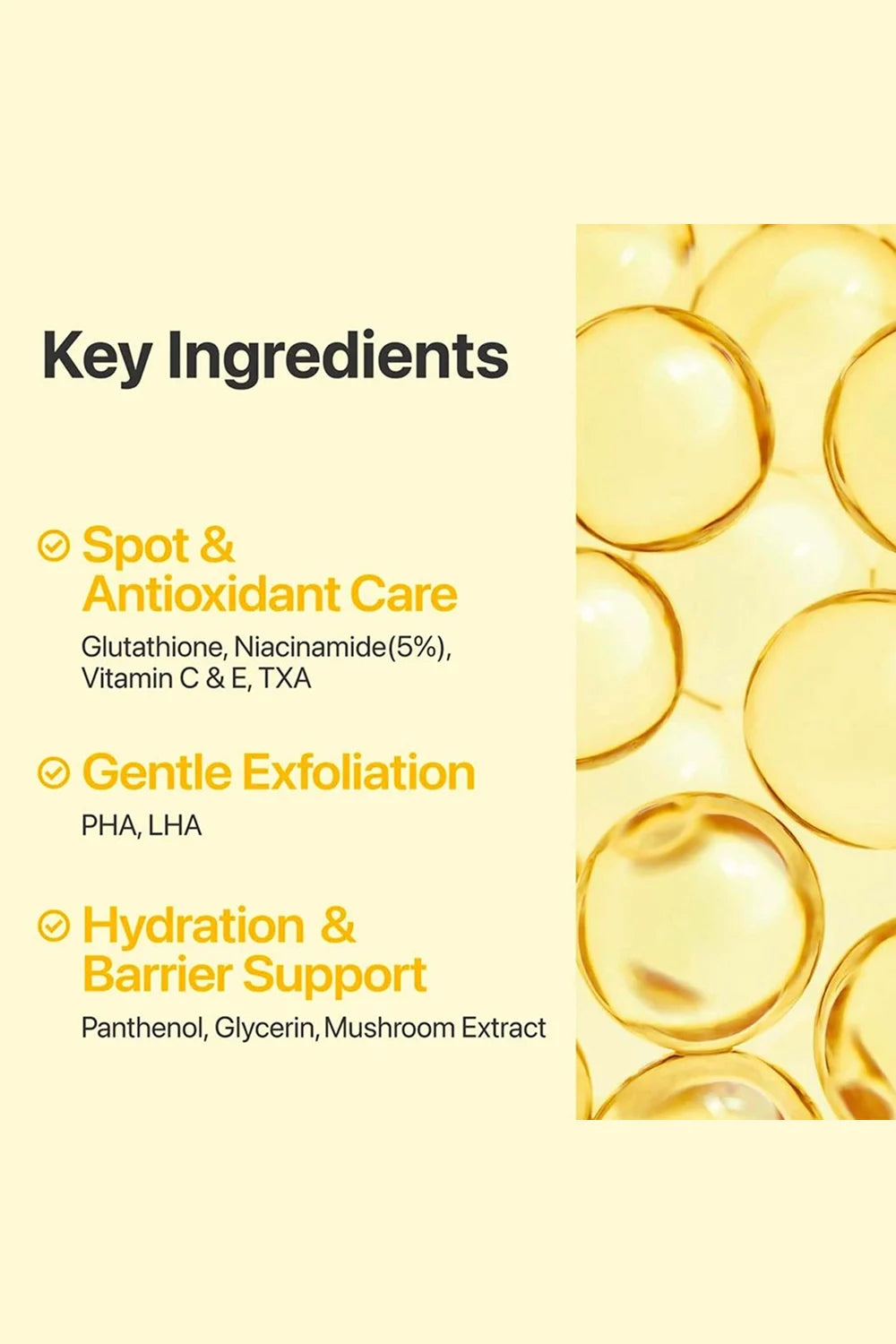 List of key ingredients for skincare with a close-up of oil droplets on a yellow background.