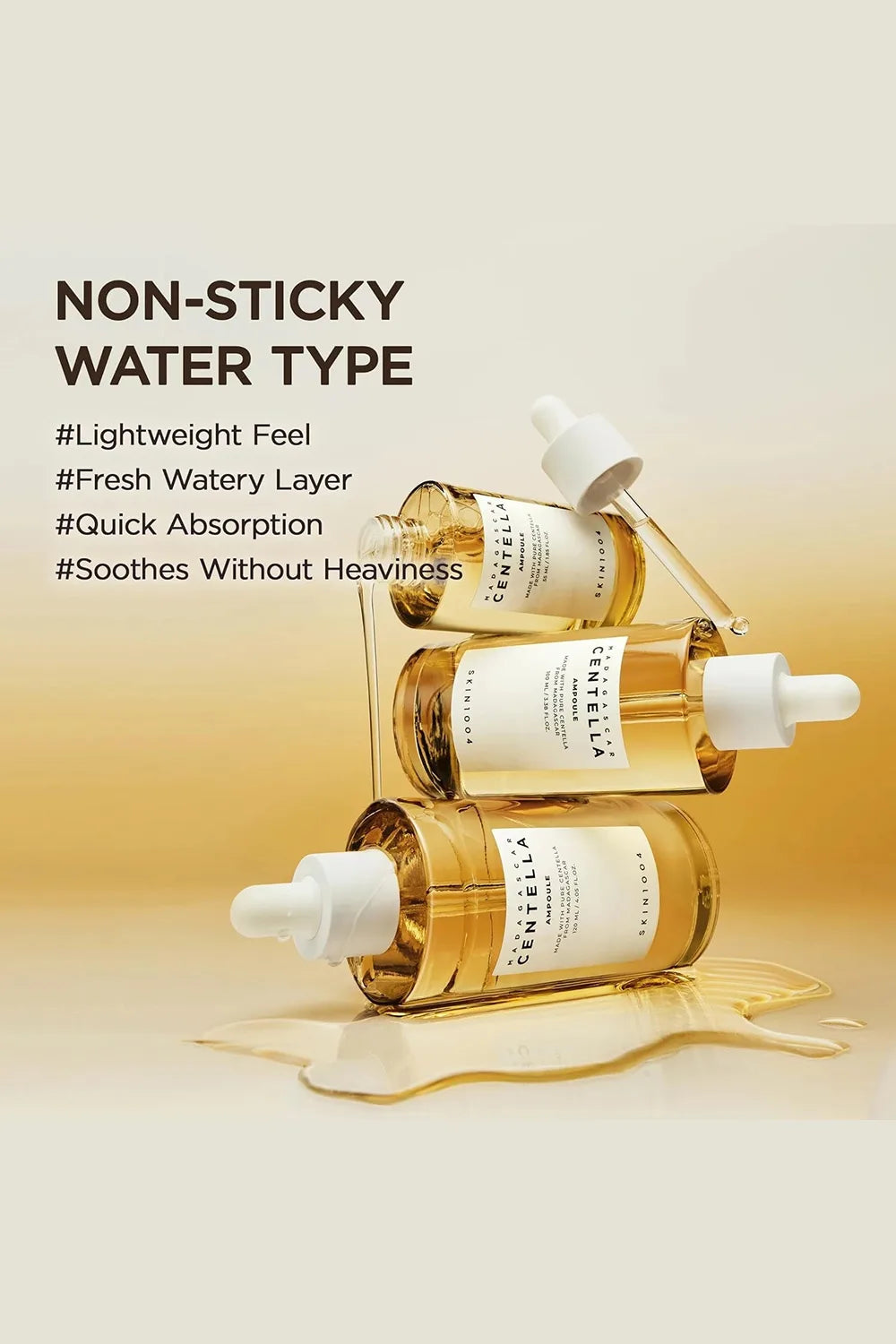 Three dropper bottles with labels on a gradient background, featuring text about product features.