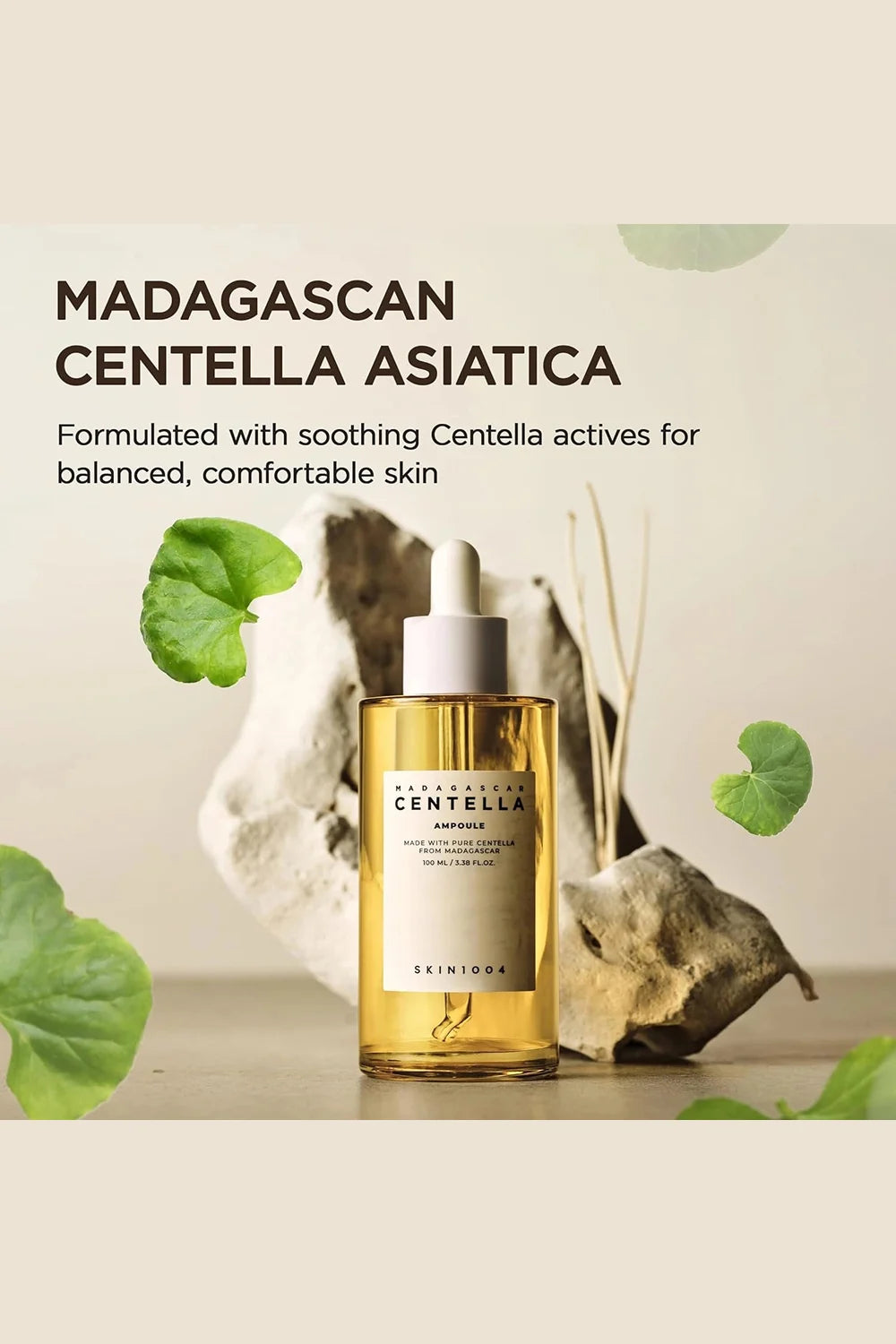 Skintuna Madagascan Centella Asiatica skincare product with leaves and stone in the background